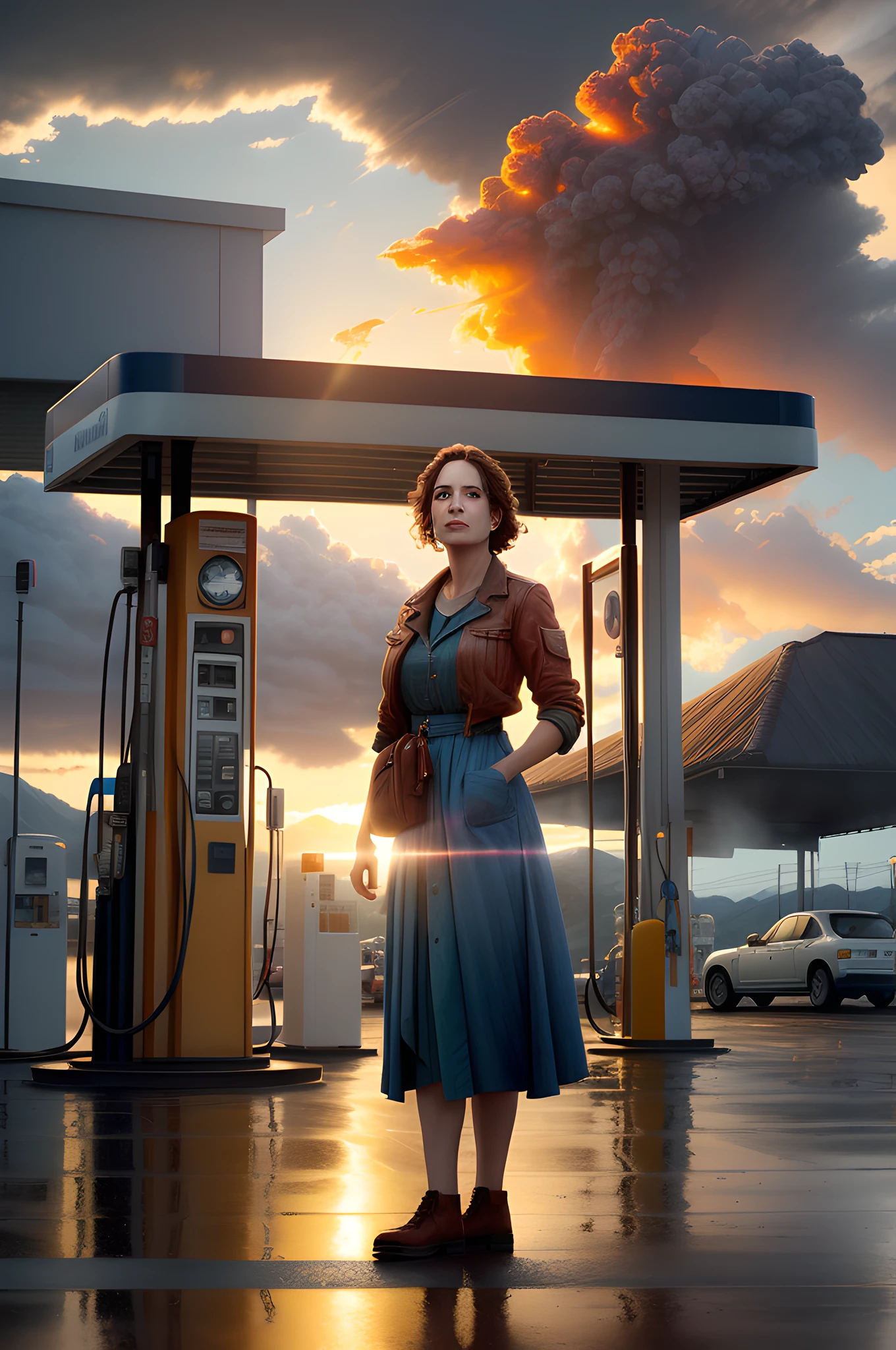 a beautiful woman at a gas station with magma flowing fluidly by hiroshi yoshida, marc simonetti, roger deakins, turner, rothko, hyperrealism, cinematic, dramatic storm sunset, matte painting, fluid simulation, tonalism, volumetric light, trending on artstation, cgsociety, high detail concept art, top view, rendered in octane