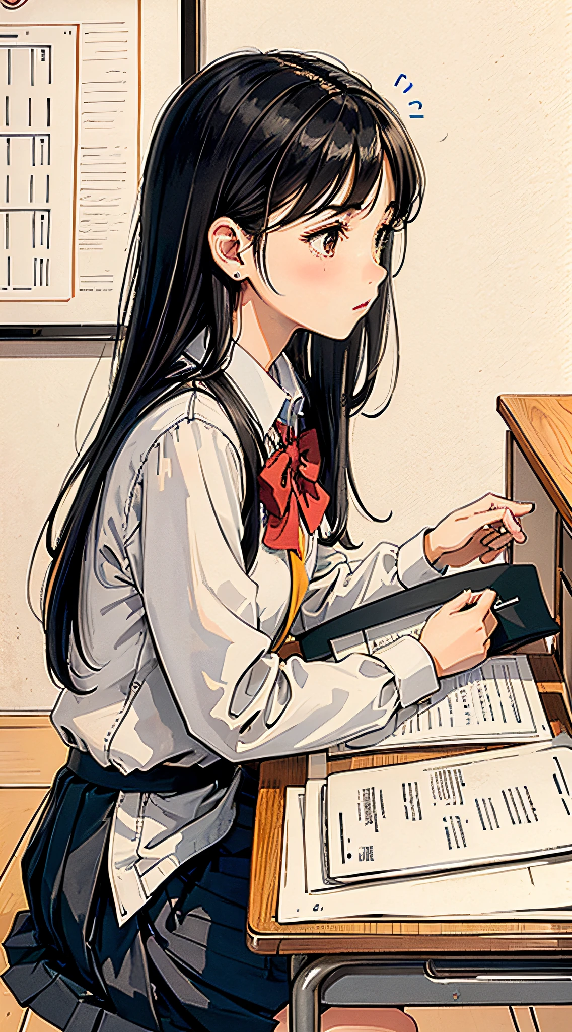 1 girl, black hair, sitting at desk, ready for class, (hair color: black), (age: child), (expression: focus), (attitude: diligence), (setting: school classroom), (time: morning), (background: blackboard, educational poster), (environment: other children studying), (interaction: quiet and studious atmosphere), (clothing: school uniform), (details: textbooks, notebooks), (gestures: looking down), (lighting: nature), (mood: concentration), (composition: neat rows of tables), (Background: Learning Environment), (Academic Pursuit: Visible), (Intellectual Growth: Commitment to Learning), (Collaboration: Shared Learning Experiences), (Classroom Dynamics: Engaged Students), (Educational Tools: Utilization), (Atmosphere: Focused and Productive), (Academic Development: Nurturing), (Pursuit of Knowledge: Presentation), (Learning Atmosphere: Conducive to Concentration) Many students around are in class