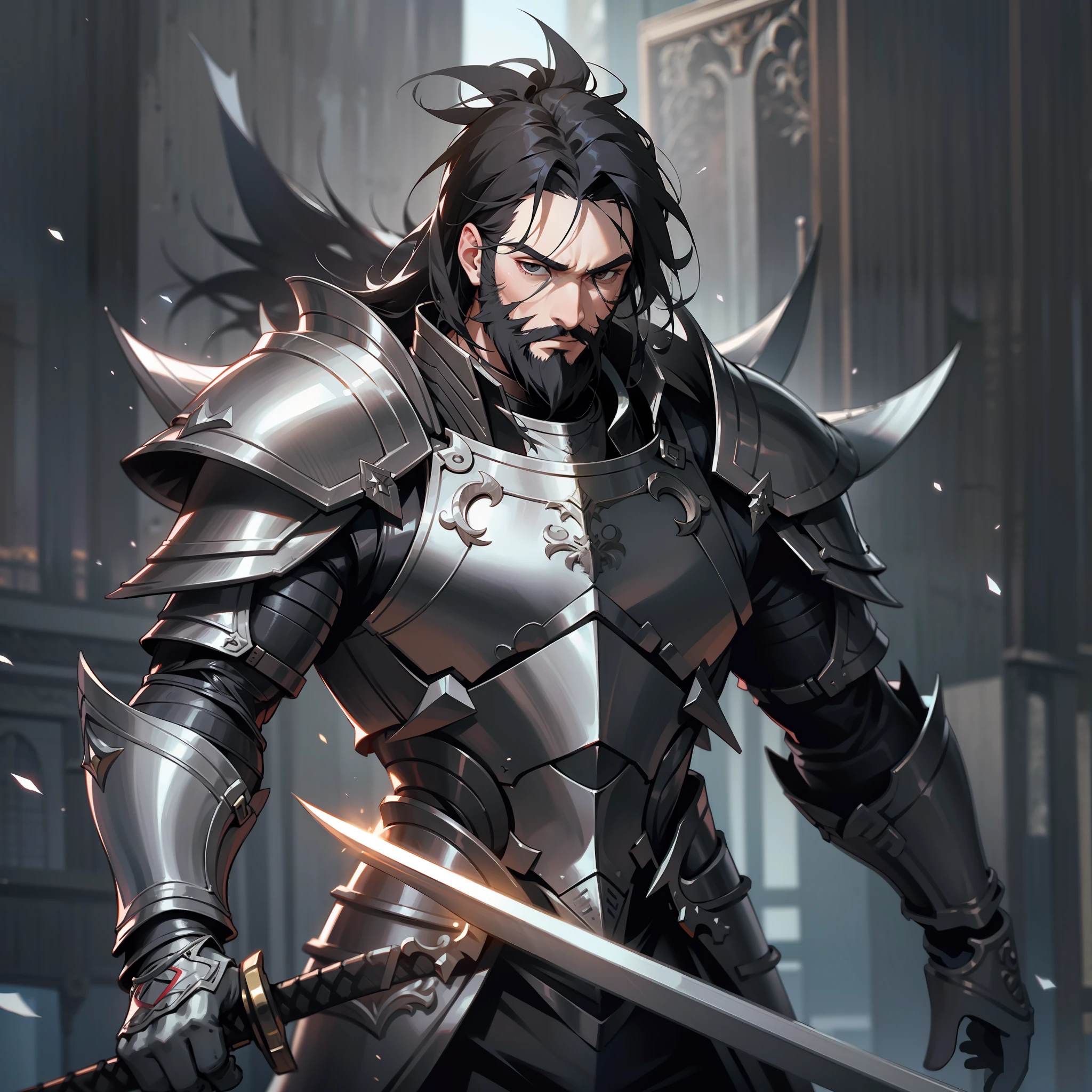a man, warrior, dirty black hair and beard, dark fantasy, detailed black armor, large sword