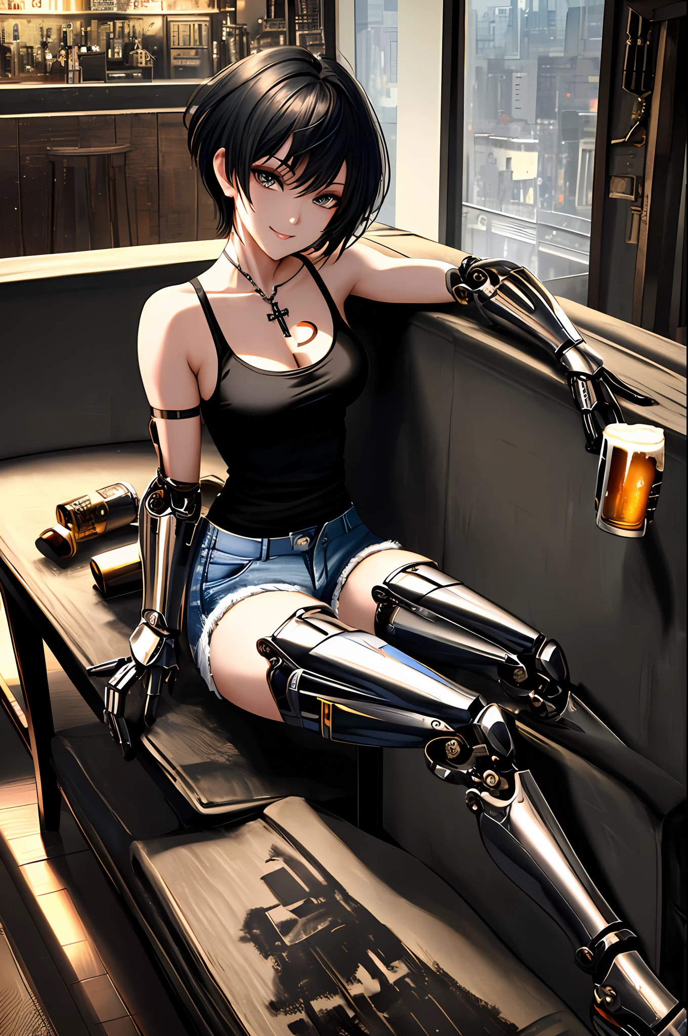 Top quality, masterpiece, masterpiece, highly detailed 8k wallpaper, realistic, incredibly detailed, transcendent beautiful girl, very short hair, black hair, (mechanical limbs: 1.1), tank top, low-rise shorts, tattoo on the body, evil smile, sitting on a chair cross-legged, tavern, mug beer, counter table,