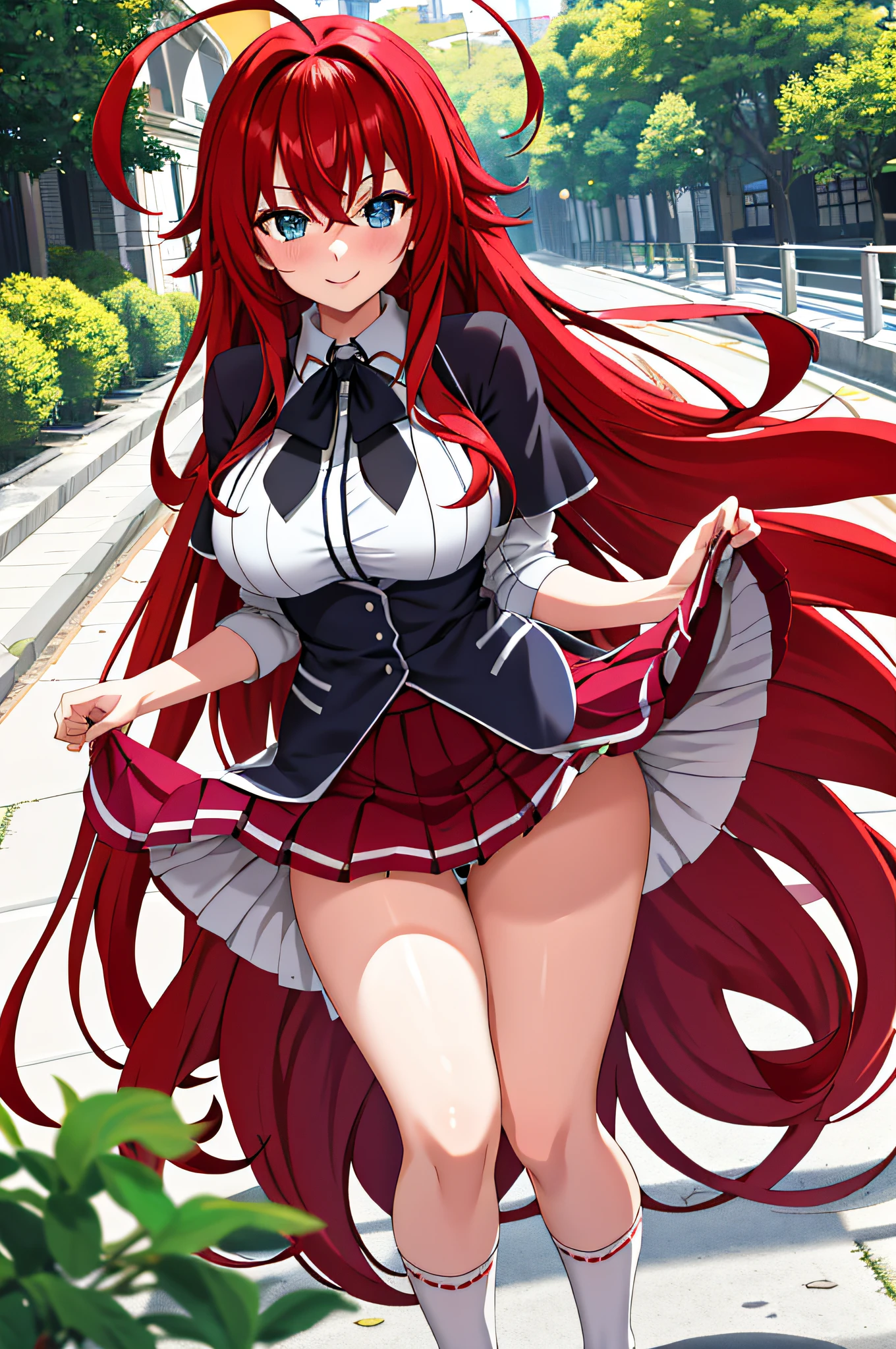 masterpiece, best quality, highres, best quality, highres, rias gremory, 1girl, long hair, school uniform, red hair, ahoge, blue eyes, large breasts, very long hair, breasts, skirt, huge ahoge, socks, outdoors, standing, spread legs, (skirt lift:1.3), (white thong:1.1), smile,