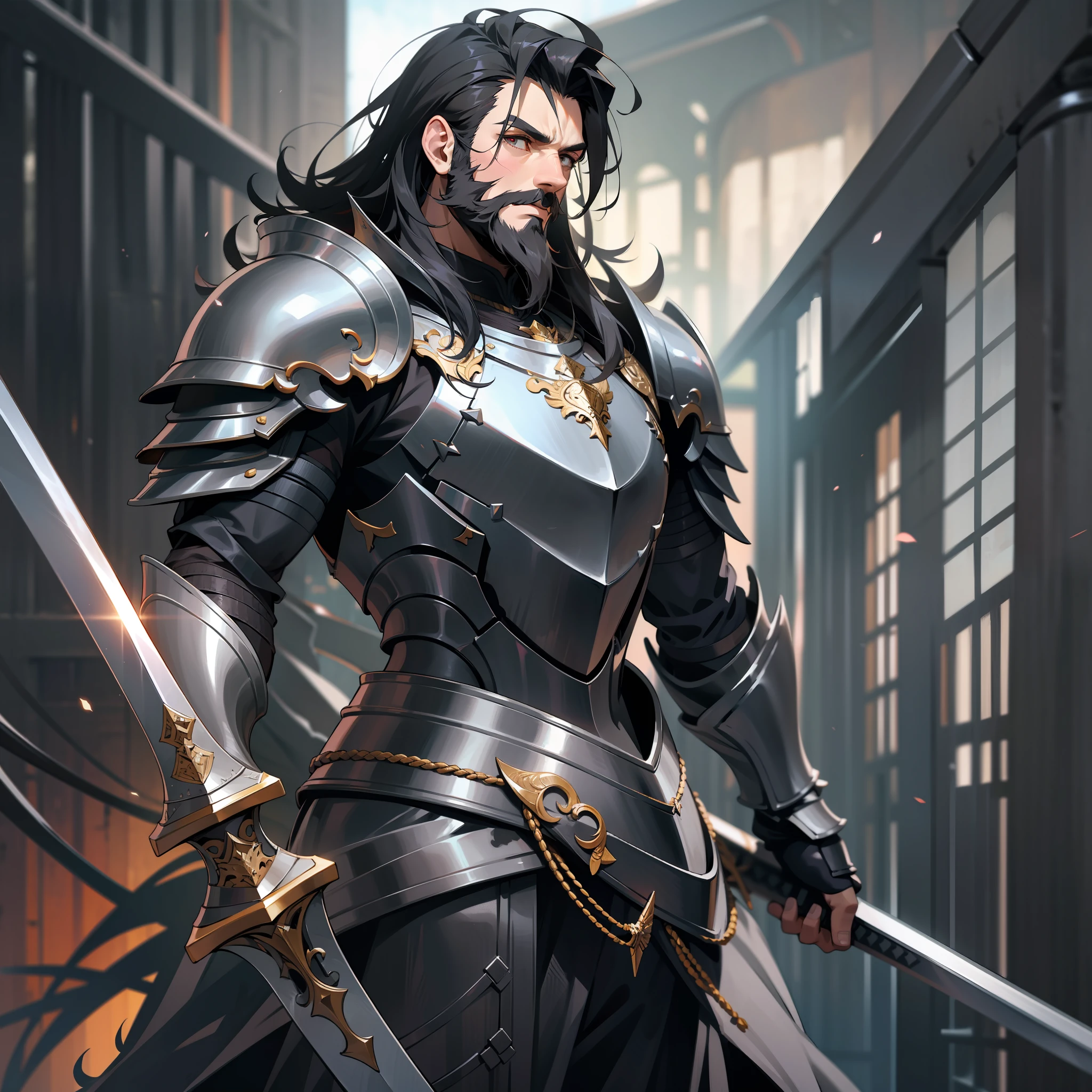 a man, warrior, dirty black hair and beard, dark fantasy, detailed black armor, large sword