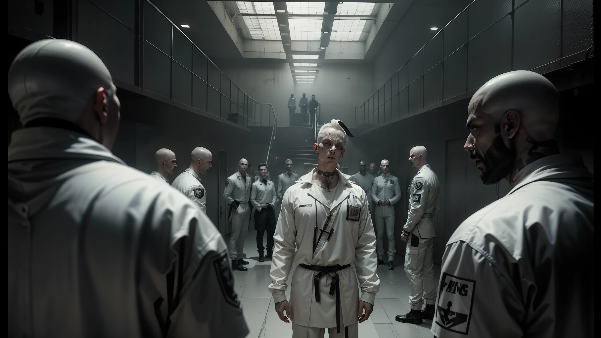 arafed image of a group of men in prison uniforms, die antwoord music video, still from the movie saw, film still from sin city, still from a music video, die antwoord, die antwoord style wear, rammstein, prison scene, syndicate(2012), slaughterhouse --auto --s2