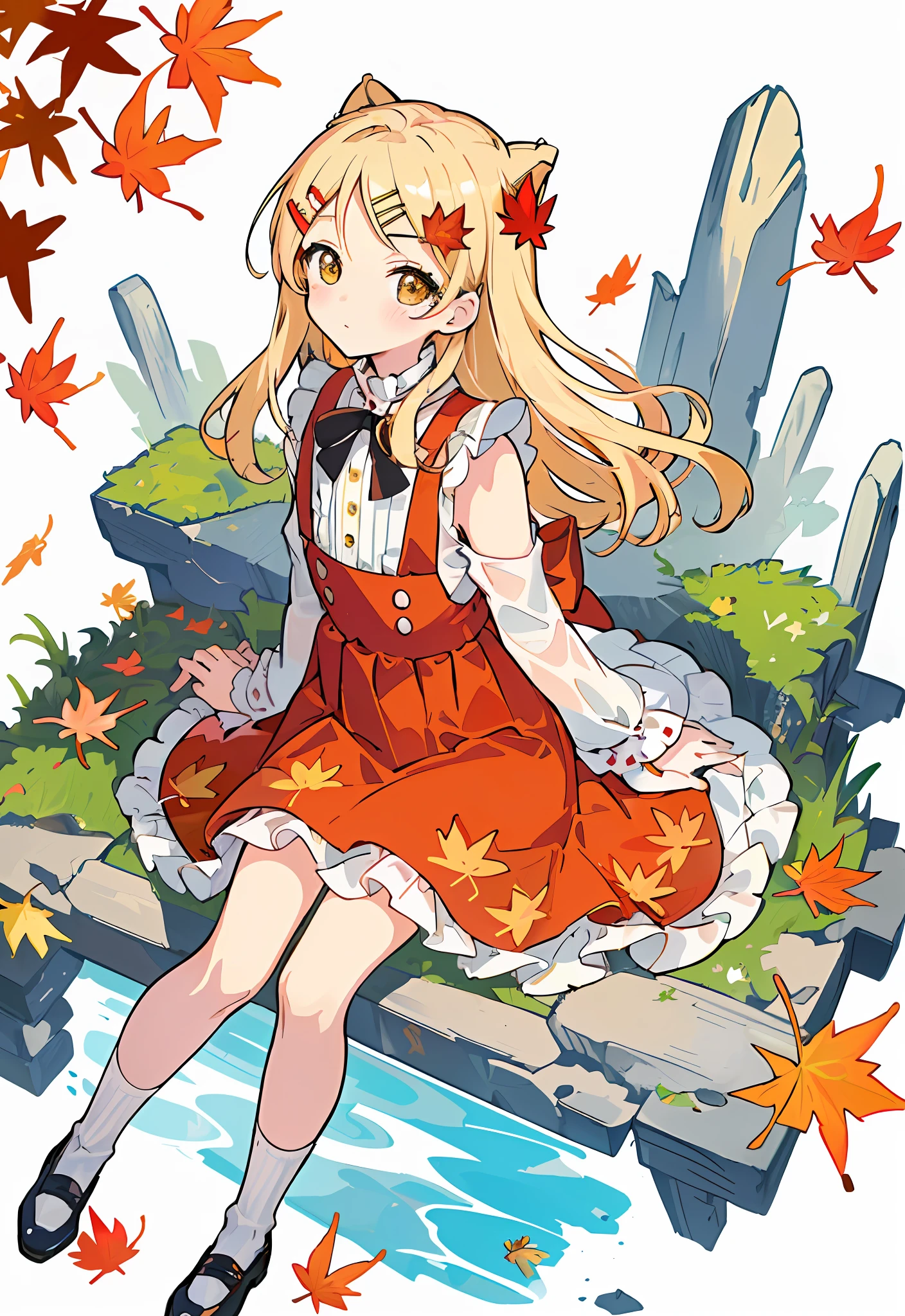 Masterpiece, best quality, amazing, complex and refined details, very detailed cute illustrations, very detailed cute wallpapers, high resolution illustrations, white background, full body,
Solo, (children: 1.3), (cute: 1.0), beautiful cute eyes, extremely cute face, long blonde hair, yellow eyes, (beautiful details eyes: 1.2), flat chest, (aki_shizuha: 1.3), sitting, white_frilled_blouse, upper_body, cat ears, (wet clothes: 1.3),
(cute red dress: 1.4), blonde hair, maple_leaves, socks, shoes, cute movements, cute expressions, (arms behind back: 1.1), (maple_ leaf_hairpin:1.4),