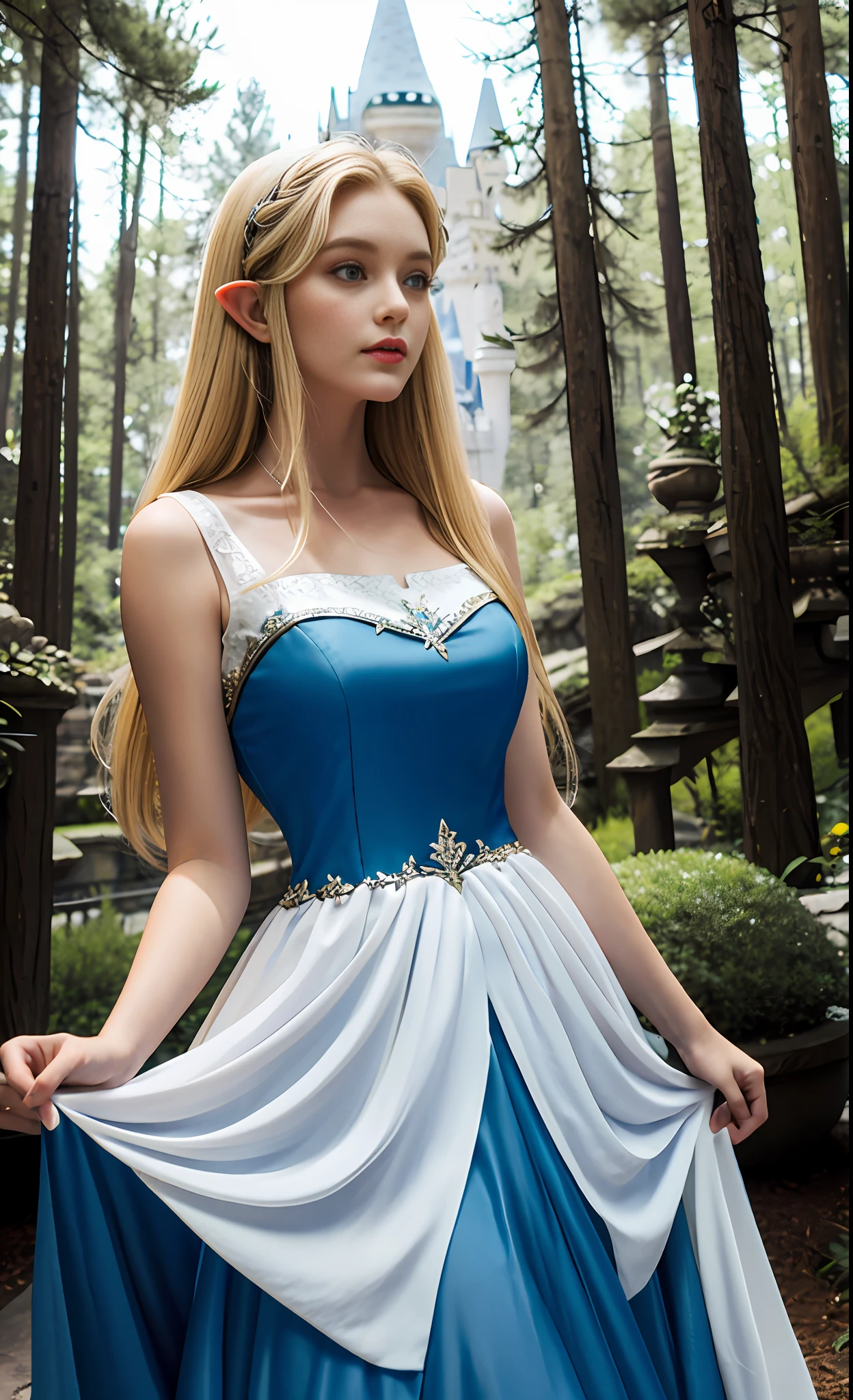Blonde, elf, blue dress, white dress, Euro-American, forest, Disney, white long dress, blonde decoration, girl, princess