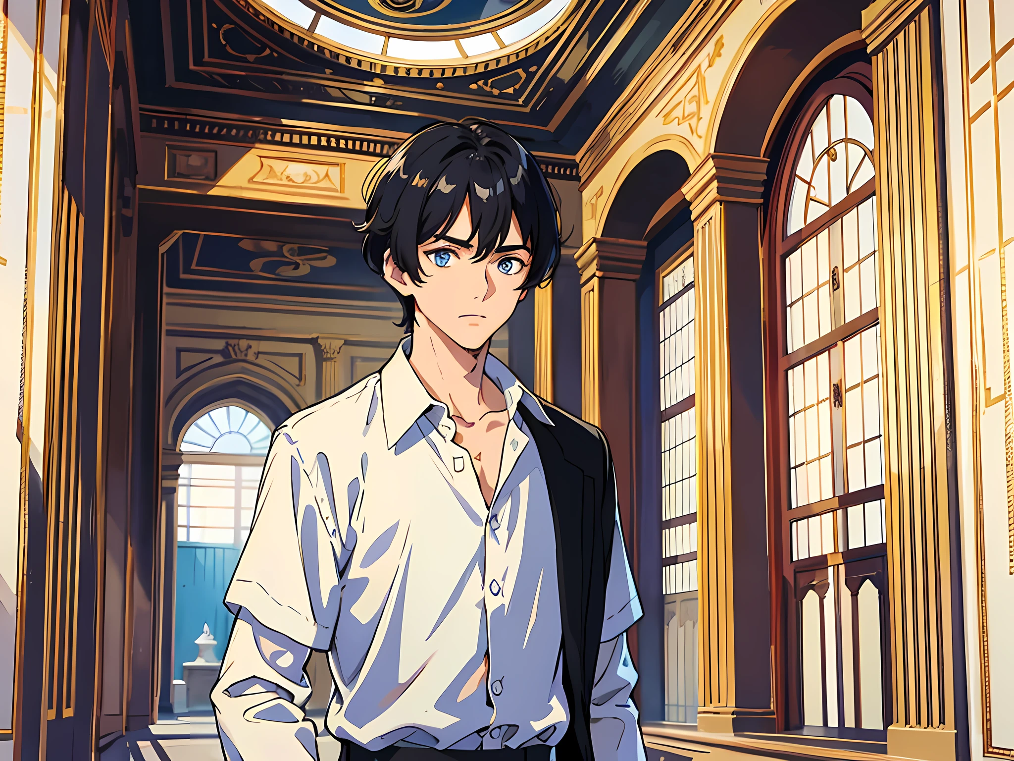 1 man, handsome, black hair, blue pupils, white shirt, standing in the palace, contemplative,