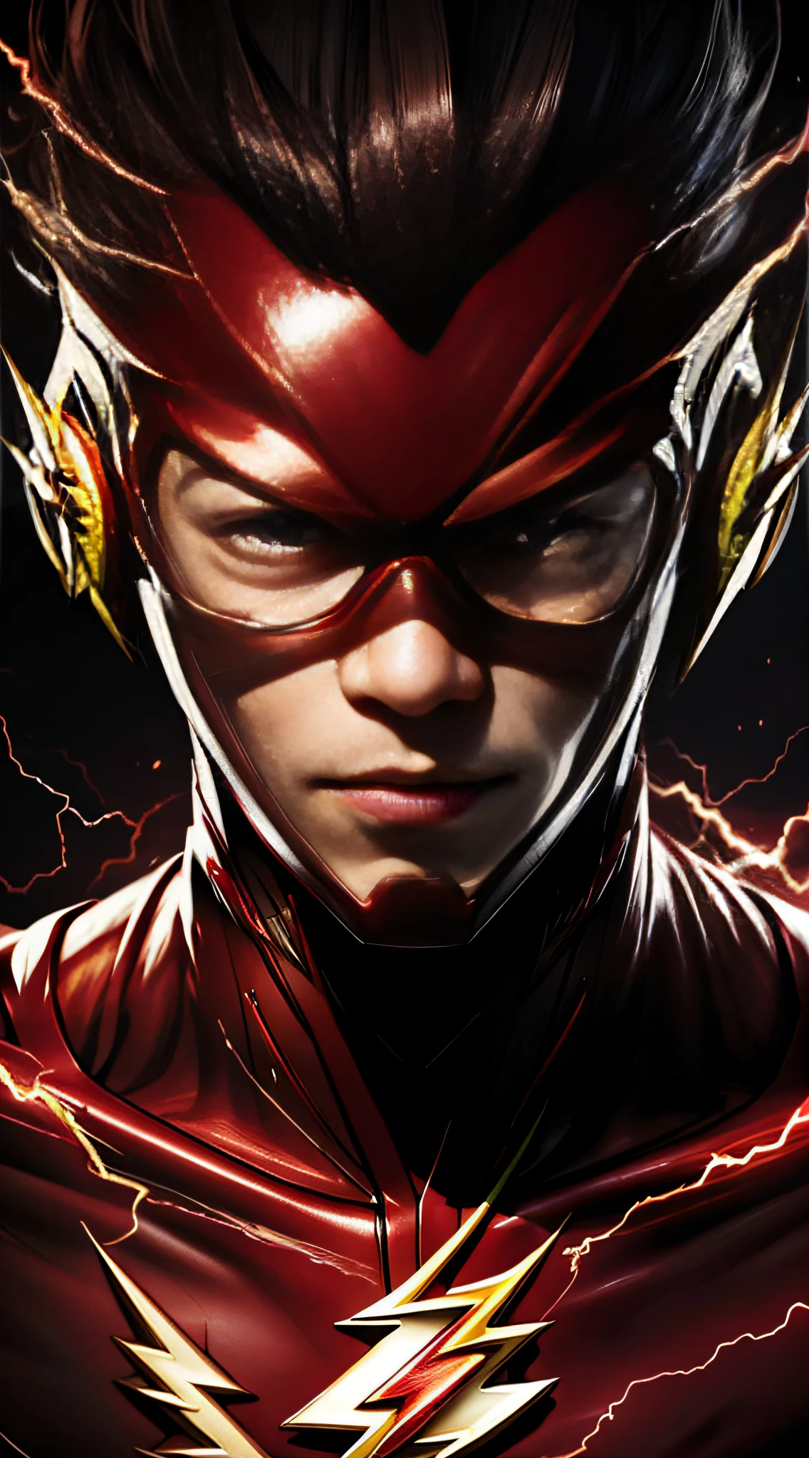 Masterpiece, best picture quality, ((The Flash)), (Very detailed 8K wallpaper), (Best quality), (Best Photo), (Best Shadow), Dark Night, Dark Night, Gloomy Tones, Highlights The Flash close-up