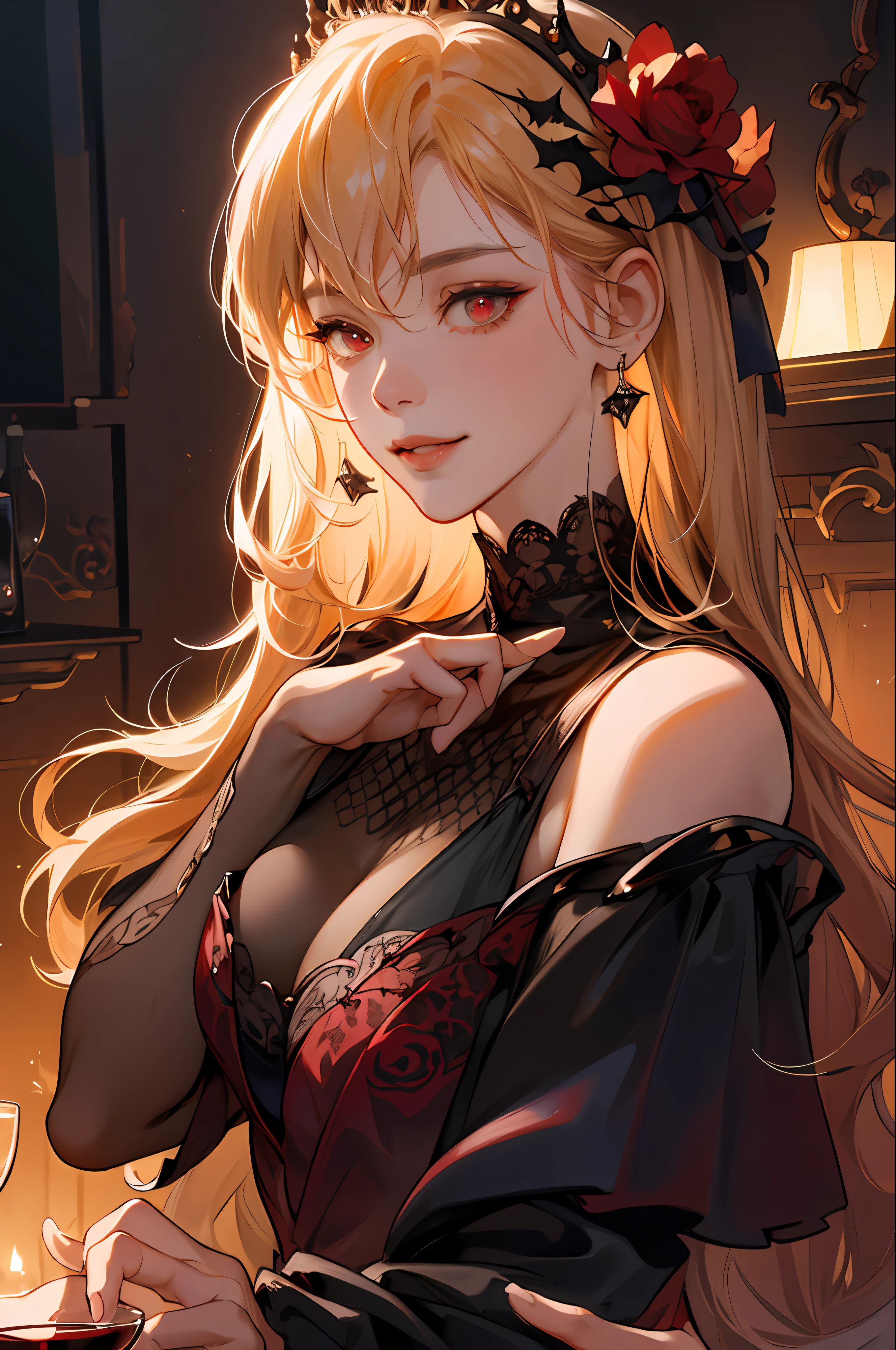 absurdres, highres, ultra detailed, 1girl, solo, extremely detailed eyes, moon,darkness,darkness dangerous castle, roes, bats,hair ornament, jewelry, looking at viewer, wine, hair with rose, drinking wine, tiara, earrings, red flower,red eyes, bangs, (blood dripping whole body: 1.1),blonde hair, long hair, ring, glass of wine, dangerous, fascinating,detailed background, her left hand is holding a glass of wine, smiling, realistic, artstation, very detailed CG,fine detail, complex details, (best illustration), 8k resolution, complex detail, best quality, realistic, ultra detail, best lighting, best shadow, ultra hd, cryengine, ultra hd, (detailed reflection), detailed shadow, (((complex detail))),