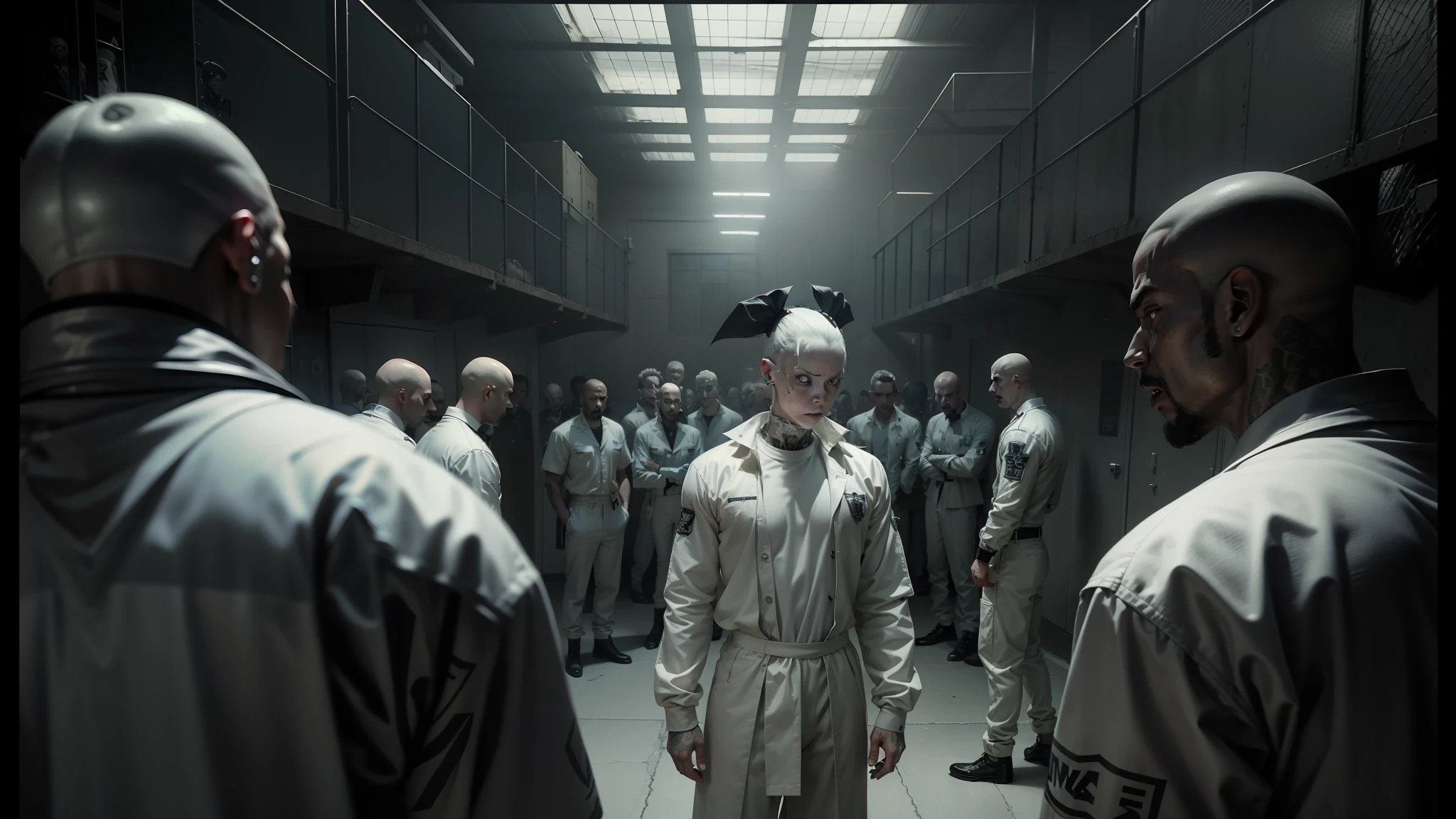 arafed image of a group of men in prison uniforms, die antwoord music video, still from the movie saw, film still from sin city, still from a music video, die antwoord, die antwoord style wear, rammstein, prison scene, syndicate(2012), slaughterhouse --auto --s2