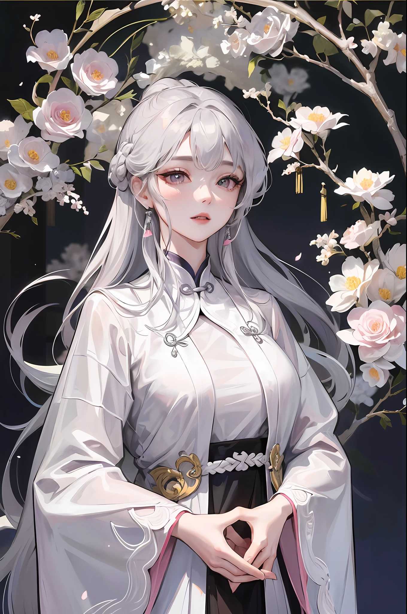 8K masterpiece superb night full moon 1 female Chinese style Chinese architecture mature woman sister silver white long hair woman long hair light pink lips calm rational bangs gray pupil broken flower background, petals dancing, delicate face, delicate hands, close-up