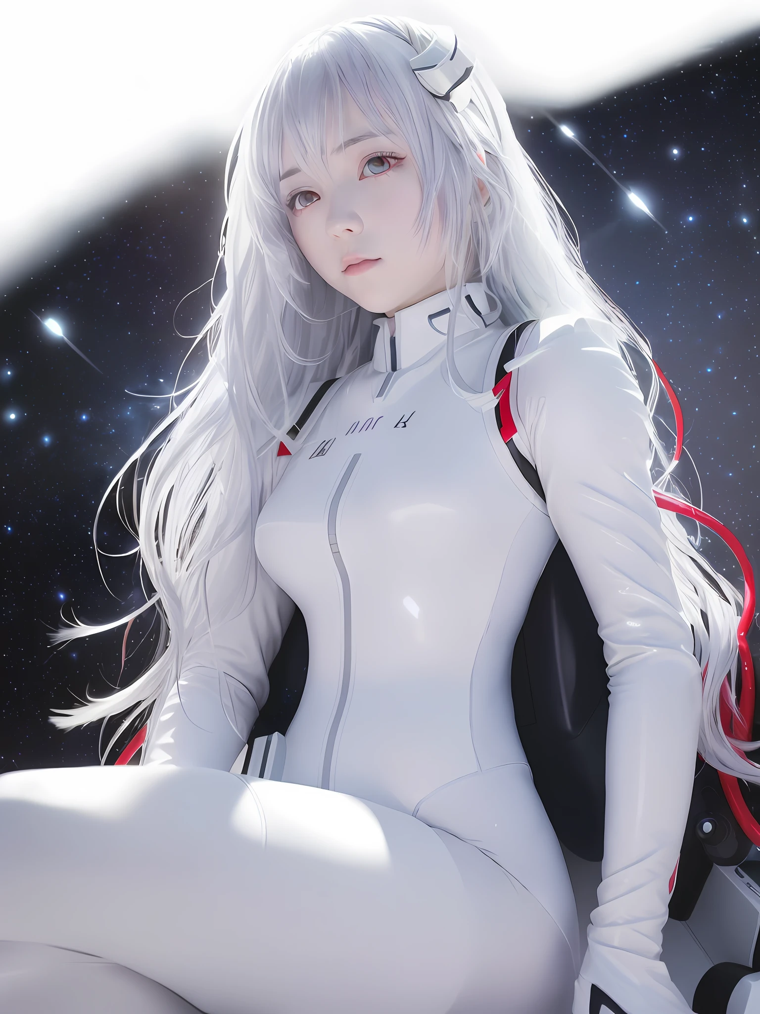 (8k, best quality, masterpiece: 1.2), high detail, masterpiece, super detailed, solo, 1girl, (white background: 1.5), (delicate eyes), plugsuit, 1girl, star_\ (sky\), long hair, hair, starry sky, tights, ayanami_rei, solo, night sky, red eye, red background, breasts, white tights, pilot's suit, lance_of_longinus, Bangs, light_particles, interface_headset, souryuu_asuka_langley, full body, purple hair