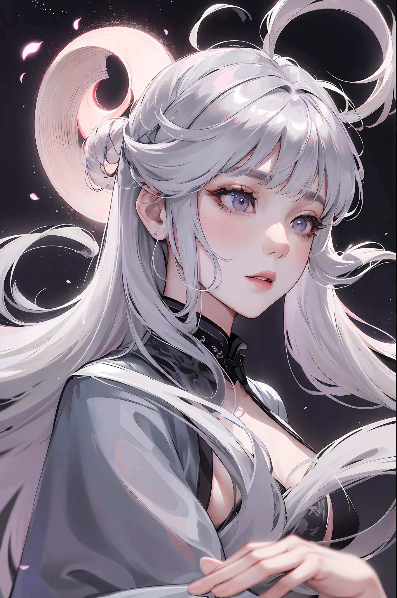 8K masterpiece superb night full moon 1 female Chinese style Chinese architecture mature woman sister silver white long hair woman long hair light pink lips calm rational bangs gray pupil broken flower background, petals dancing, delicate face, delicate hands, close-up