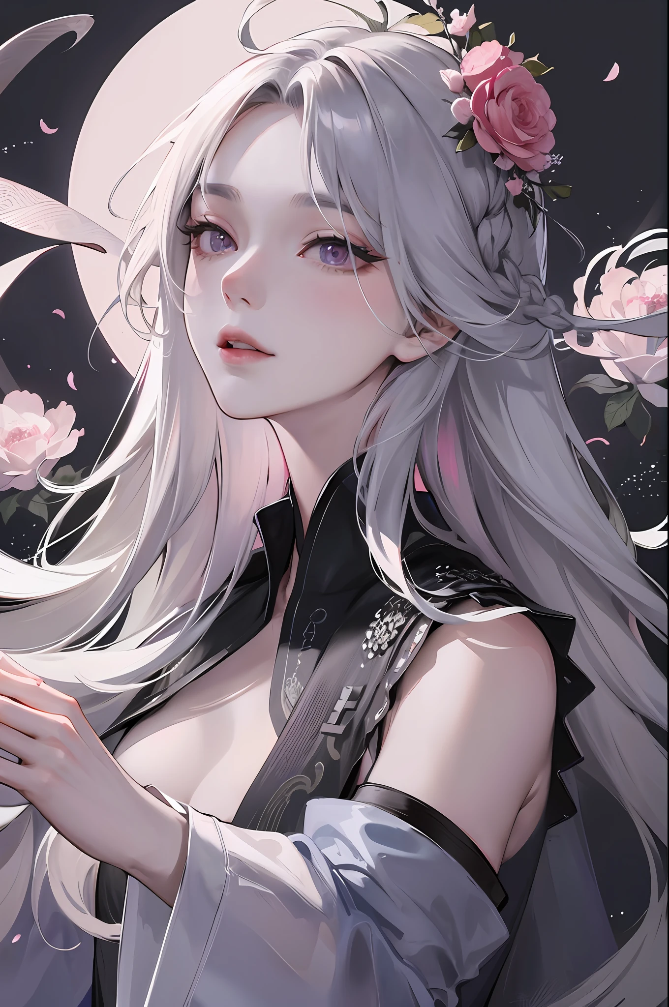 8K masterpiece superb night full moon 1 female Chinese style Chinese architecture mature woman sister silver white long hair woman long hair light pink lips calm rational bangs gray pupil broken flower background, petals dancing, delicate face, delicate hands, close-up