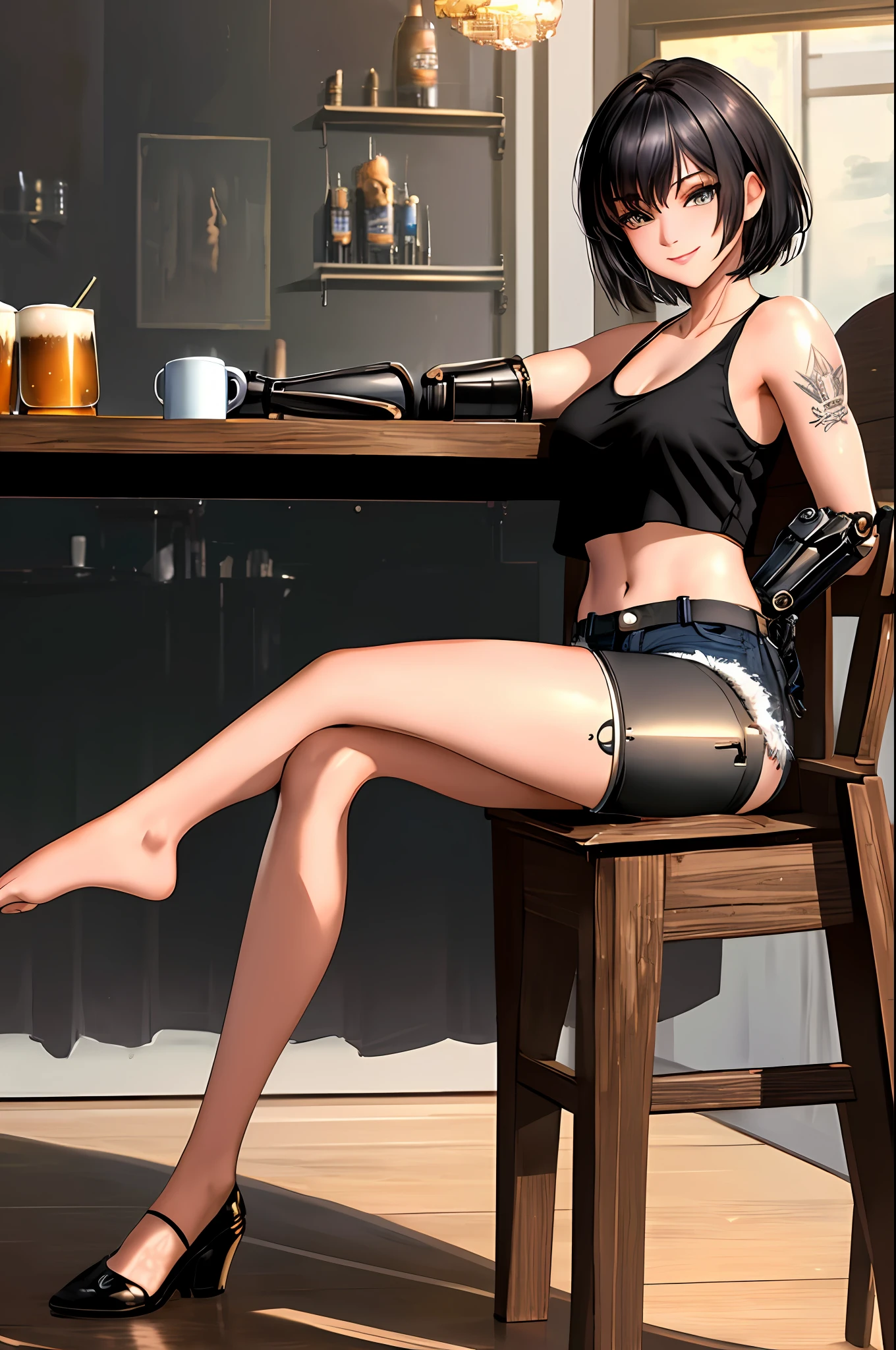 Top quality, masterpiece, masterpiece, highly detailed 8k wallpaper, realistic, incredibly detailed, transcendent beautiful girl, very short hair, black hair, (mechanical limbs: 1.1), tank top, low-rise shorts, tattoo on the body, evil smile, sitting on a chair cross-legged, tavern, mug beer, counter table,