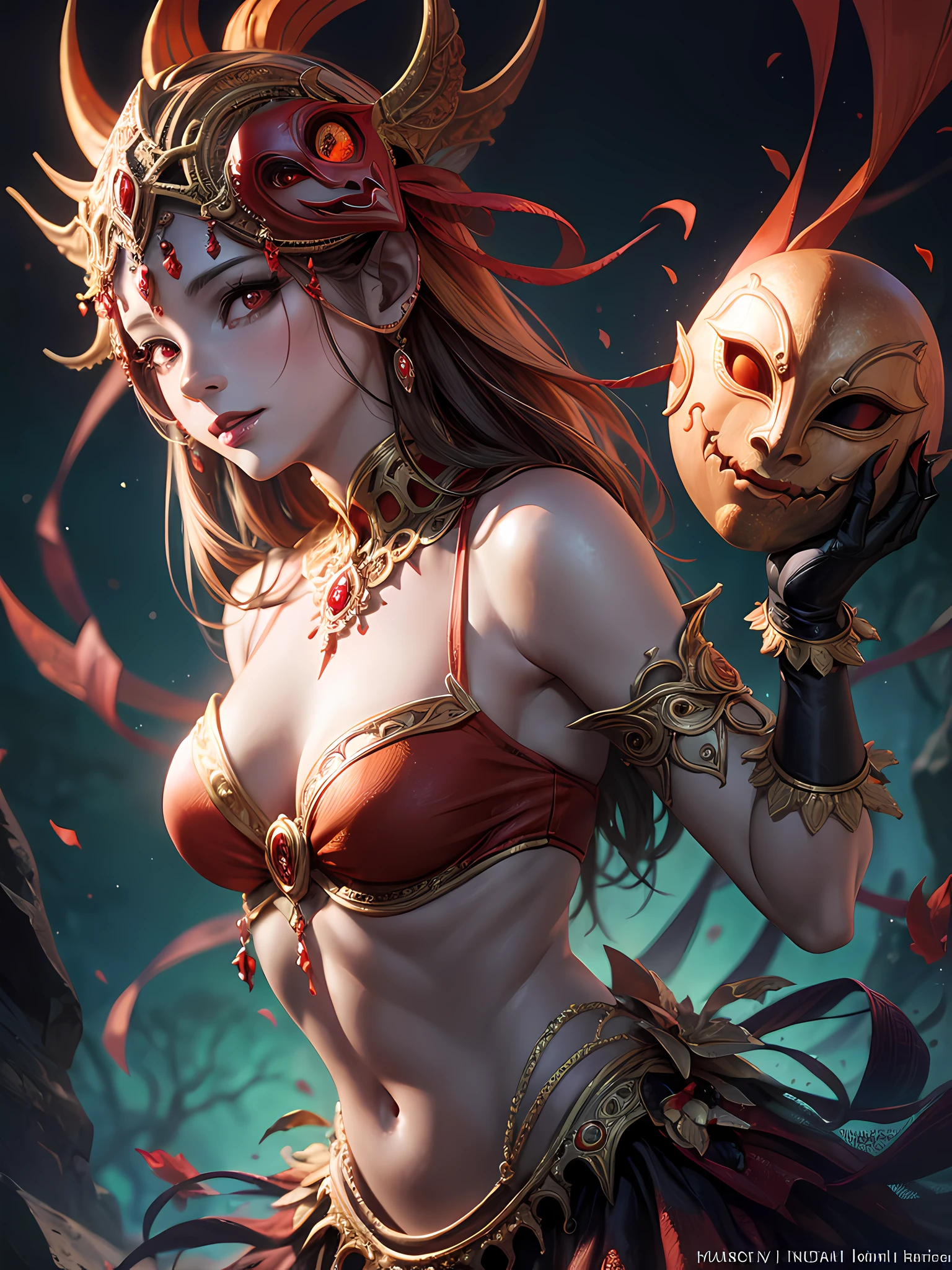 (Orange-red smiley mask), faded enchanting female, feminine chest details (monster), mysterious deity, liquid dark red energy, weird hollow hell pointed nails, hyperrealistic epic, 8k, CG, highest quality and highest resolution, magic light fantasy art.