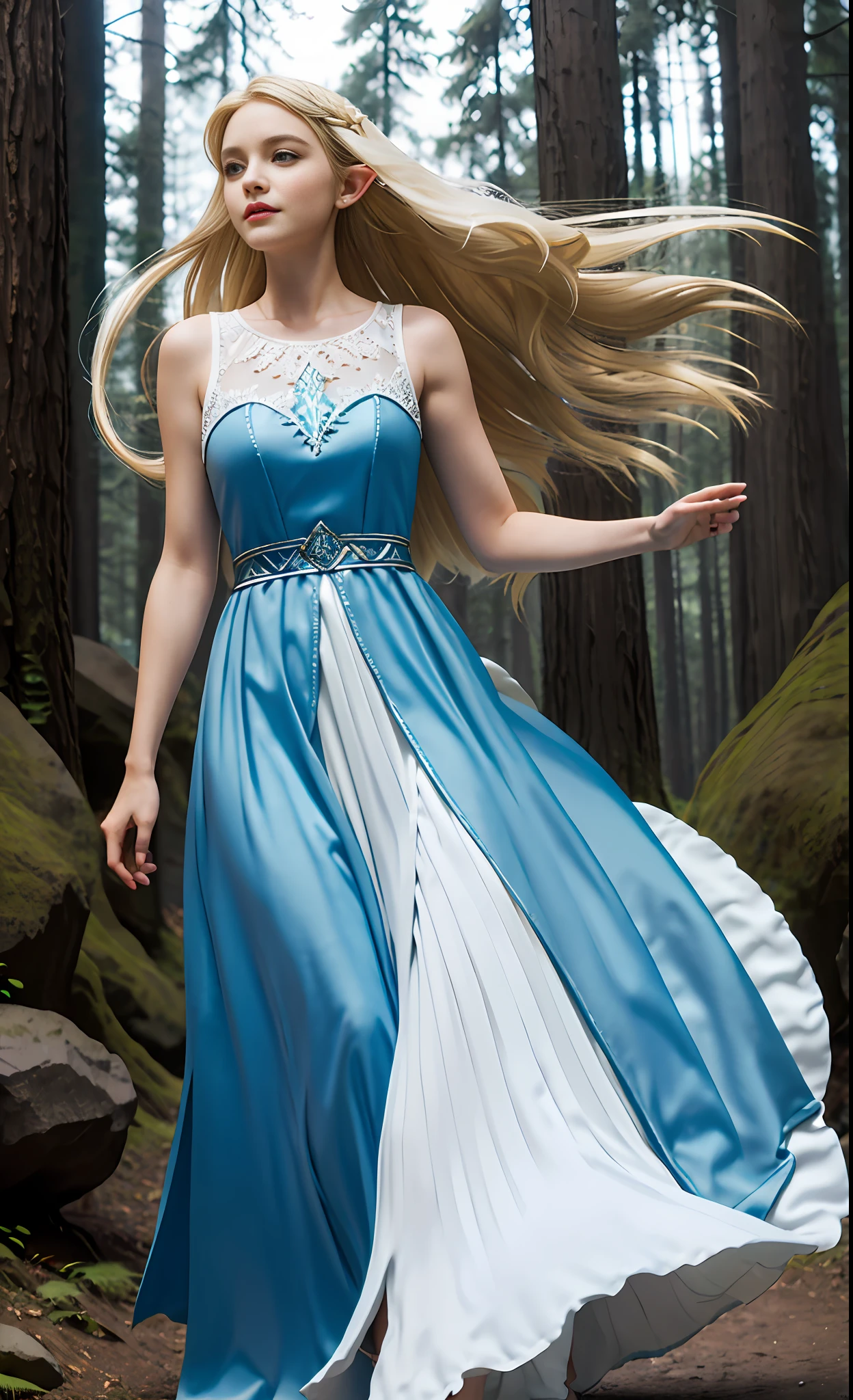 Blonde, elf, blue dress, white dress, European American, forest, Disney, white long dress, blonde decoration, girl, princess, legend of zelda, rock, eyes, flowing hair, delicate hair, Nordic style, windblown wind