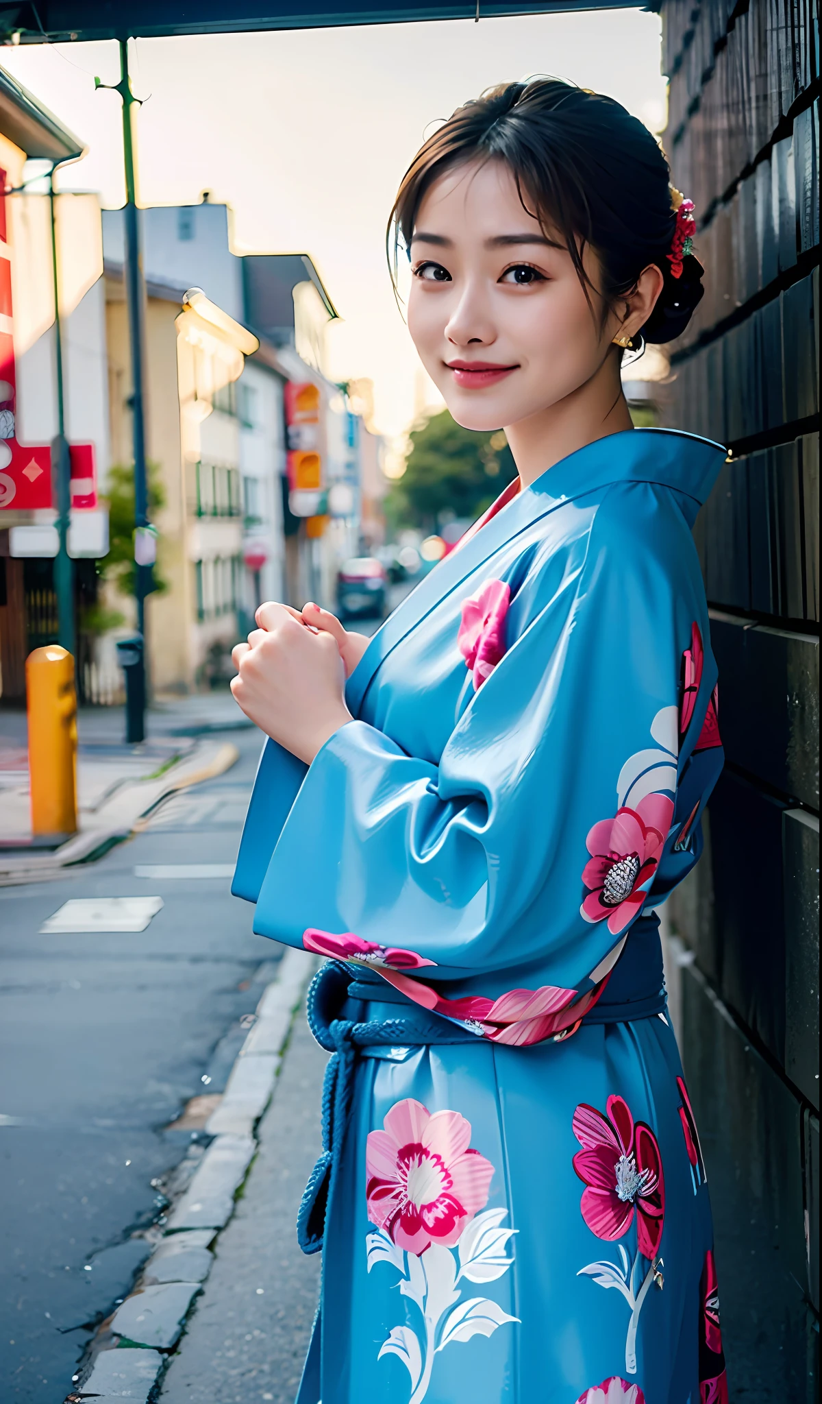 (Masterpiece: 1.5), Woman posing on street corner of Japan wearing kimono, (Wearing zori: 1.5), (Wearing gorgeous obi: 1.4), High resolution, 8K, 1 woman with outstanding style, Slender figure, smiling, fine hair, (Hair fluttering in the wind: 1.2), (Flat chest: 1.2), Daytime, bright, outdoor, (street: 0.1), (people, crowd: 1), (floral kimono: 1.3) ), Gorgeous, Middle Hair, Upstyle, UPDO: 1.5, Beautiful Detailed Sky, Beautiful Earrings, (Dynamic Pose: 0.8), (Full Body: 1.2), Soft Lighting, Wind, Lustrous Skin, (Camera Gaze: 1.5), (Photorealistic Photos: 1.5), Natural Light, (High Detail Skin: 1.2), 8K UHD, DSLR, High Quality, High Definition, 4K, 8K,