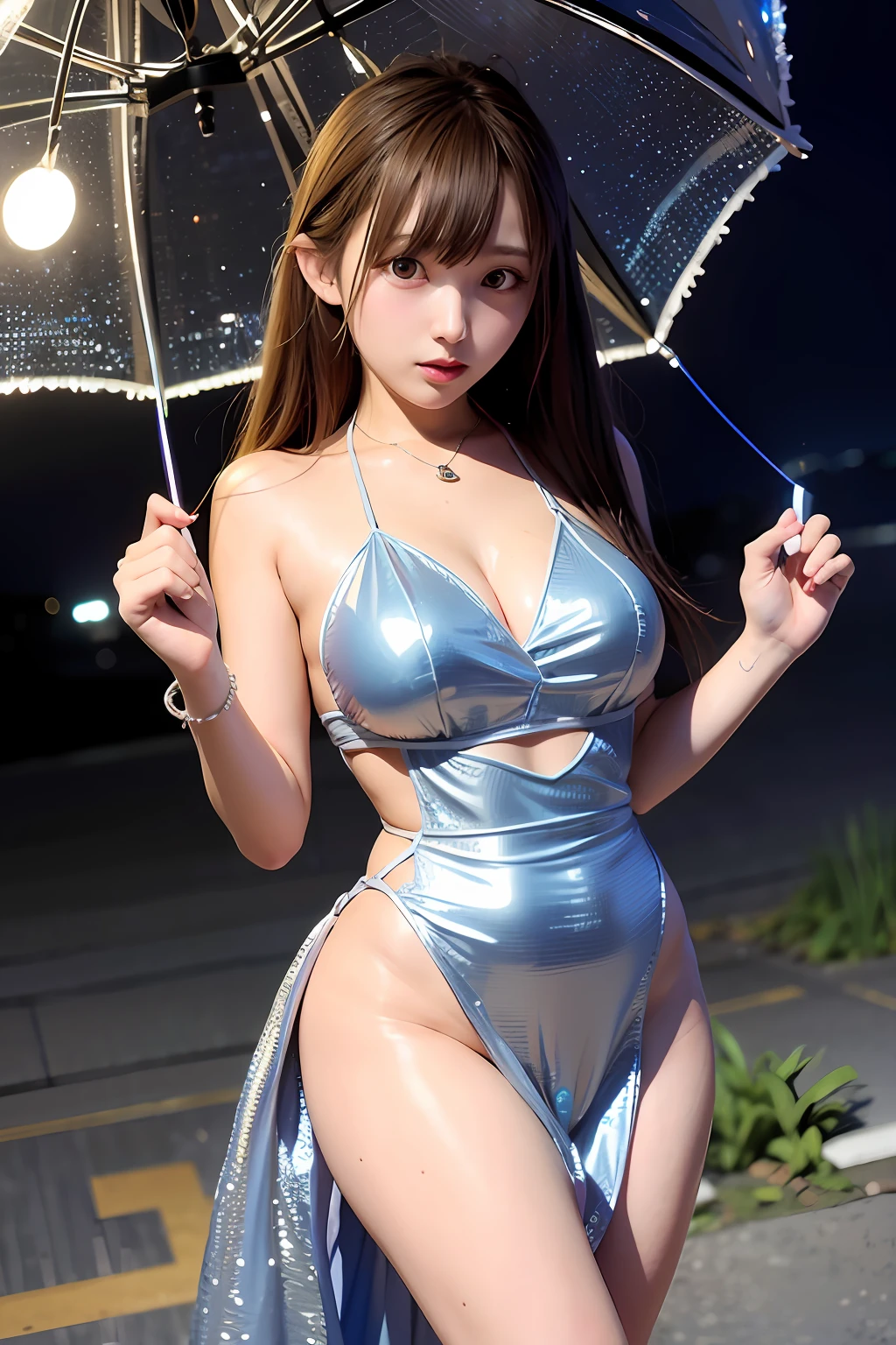 (8k, RAW photos, top quality, masterpiece: 1.2), (realistic, photorealistic: 1.37), st. Louis (Luxury Wheels)\(Azure Lane\),1girl,(K-pop Idol),(Charming Sara:1),Hair ornament,Portrait,(Long loose silver dress:1.1),Necklace,Blue Nail,Cute,Cityscape, Night, Rain, Wet, Professional Lighting, Photon Mapping, Radiosity, Physically Based Rendering,