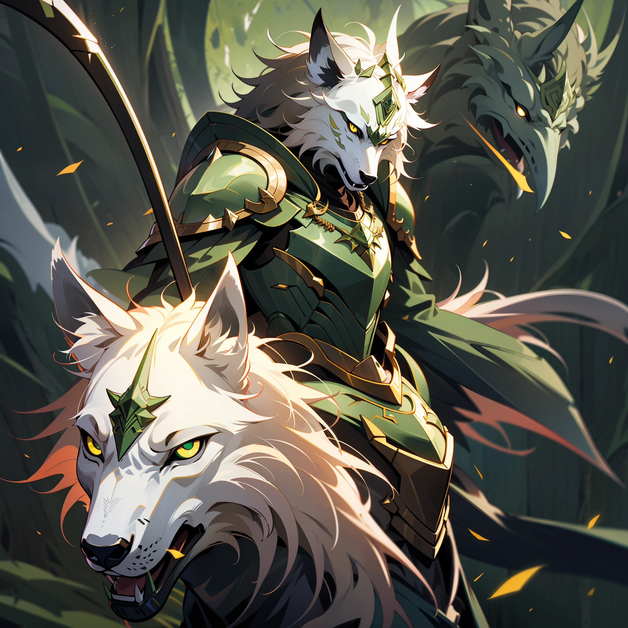 a man, druid, wildly brown short hair, dark fantasy, detailed dark green armor, detailed green scythe, and a white wolf behind him
