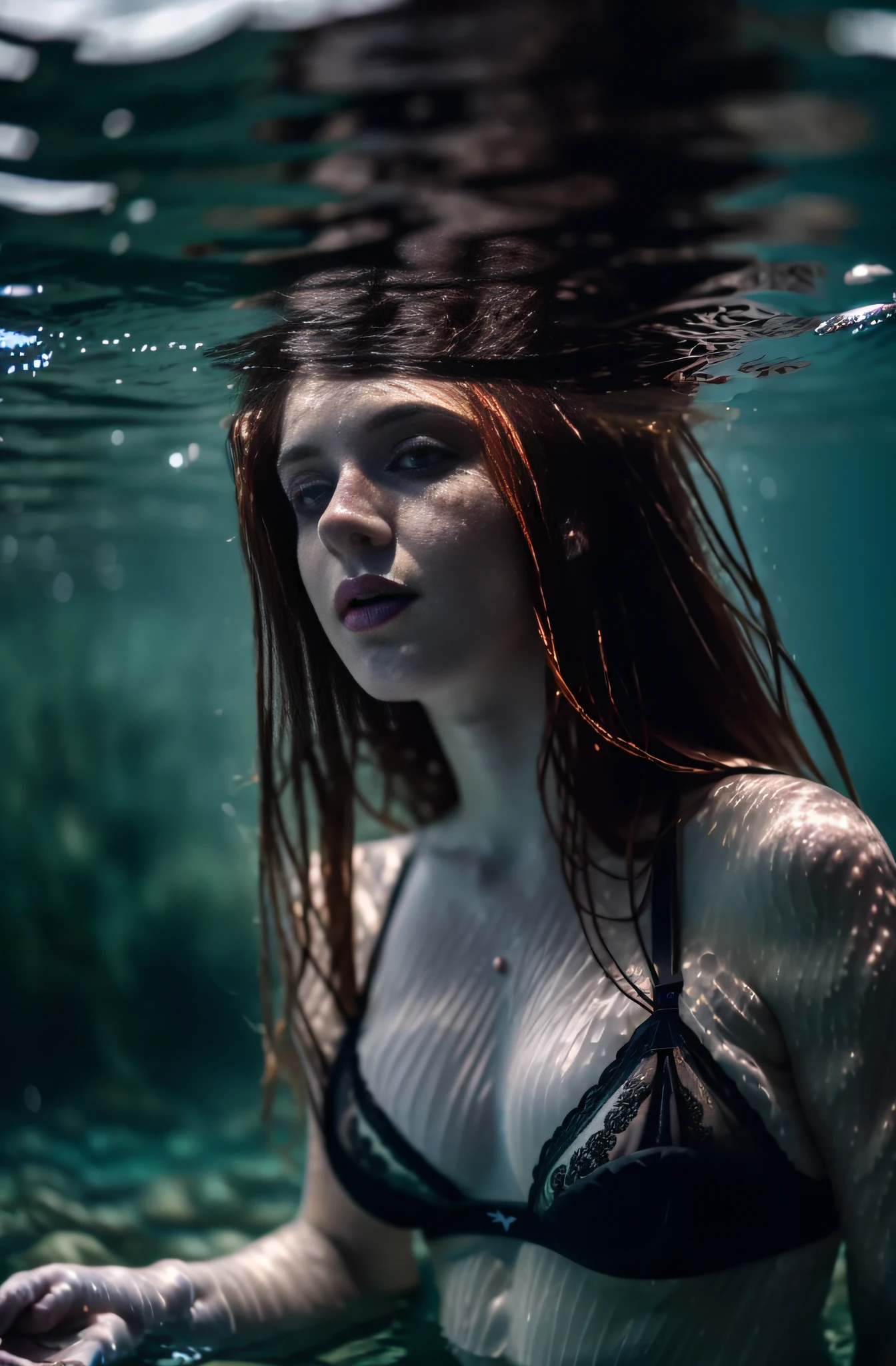 sexy twentytwo year old ginger woman in lace lingerie,  messy hair, beautiful erotic woman, candid photograph, (dramatically lit underwater lake:1.3), (dark shot:1.7), photo-realistic, (film grain:1.4), (masterpiece:1.2), sharp image, analog style, award winning photo, best quality,(shot with kodak 400:1.3), sharp,skin pores, (sunkissed freckles on face:0.6), (shot on Fujifilm X-T4:1.2), angular jawline, high cheekbones, large soulful eyes, ( film imperfections:1.2)