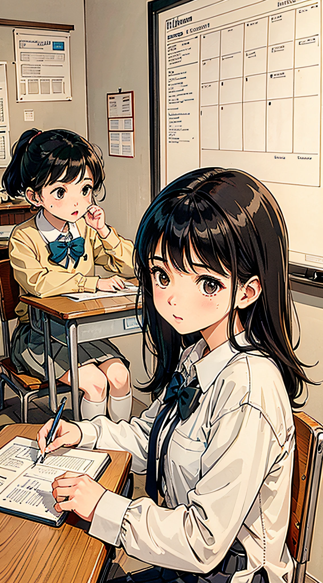 1 girl, black hair, sitting at desk, ready for class, (hair color: black), (age: child), (expression: focus), (attitude: diligence), (setting: school classroom), (time: morning), (background: blackboard, educational poster), (environment: many children study again), (interaction: quiet and studious atmosphere), (clothing: school uniform), (details: textbook, notebook), (gesture: look down), (lighting: nature), (mood: focus), (composition: neat rows of tables), (Background: Learning Environment), (Academic Pursuit: Visible), (Intellectual Growth: Commitment to Learning), (Collaboration: Shared Learning Experiences), (Classroom Dynamics: Engaged Students), (Educational Tools: Utilization), (Atmosphere: Focused and Productive), (Academic Development: Nurturing), (Pursuit of Knowledge: Presentation), (Learning Atmosphere: Conducive to Concentration) Many students around are in class