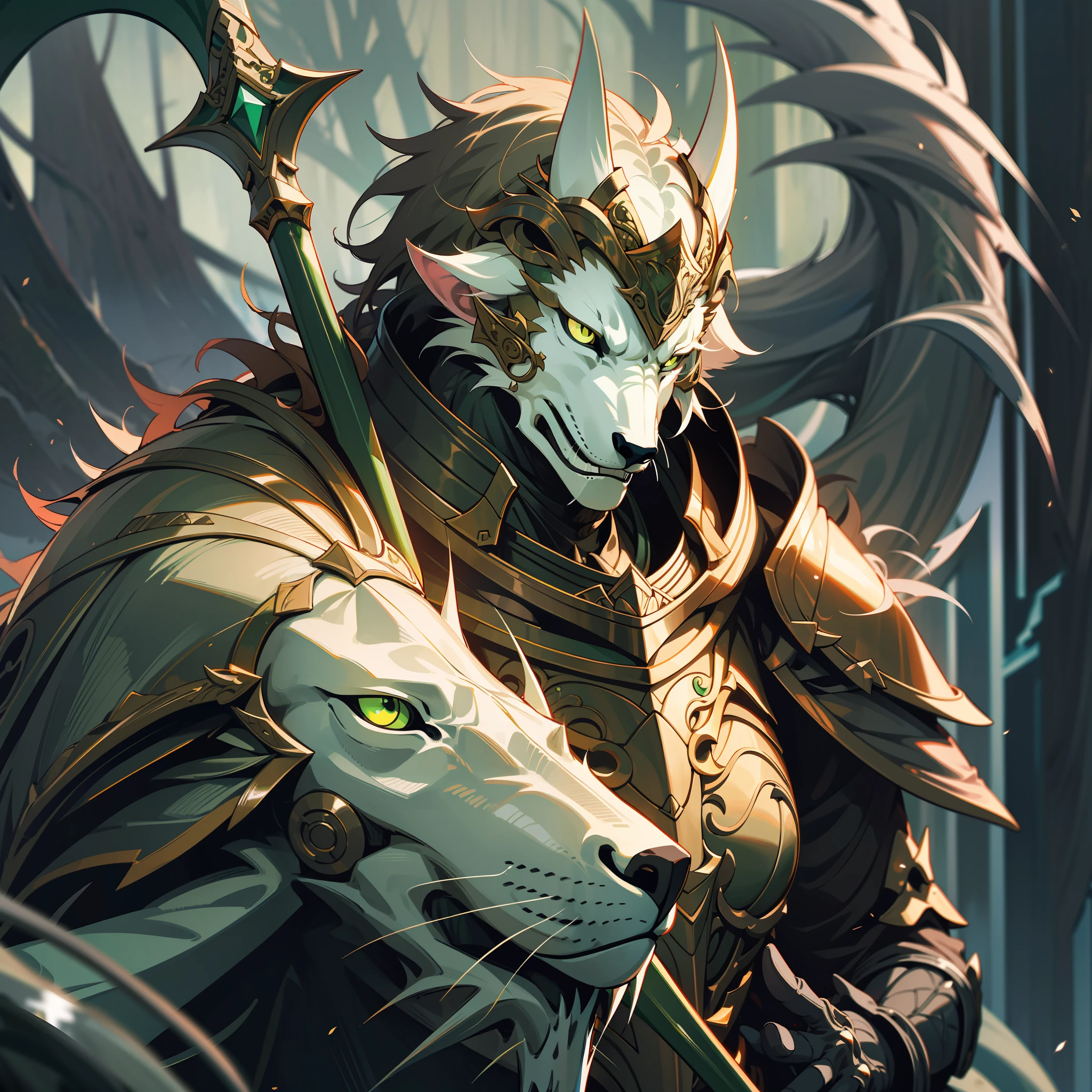 a man, druid, wildly brown short hair, dark fantasy, detailed dark green armor, detailed green scythe, and a white wolf behind him