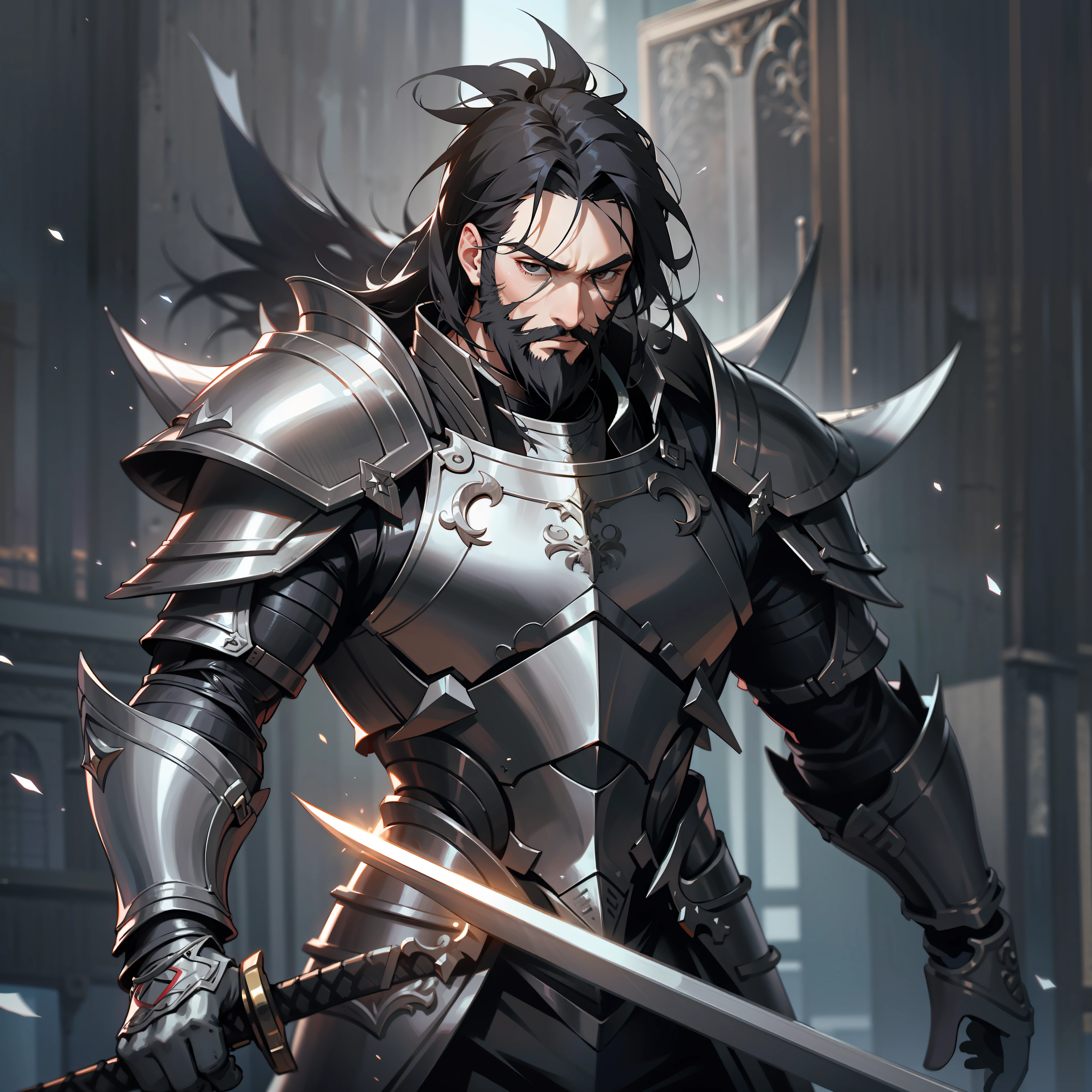 a man, warrior, dirty black hair and beard, dark fantasy, detailed black armor, large sword