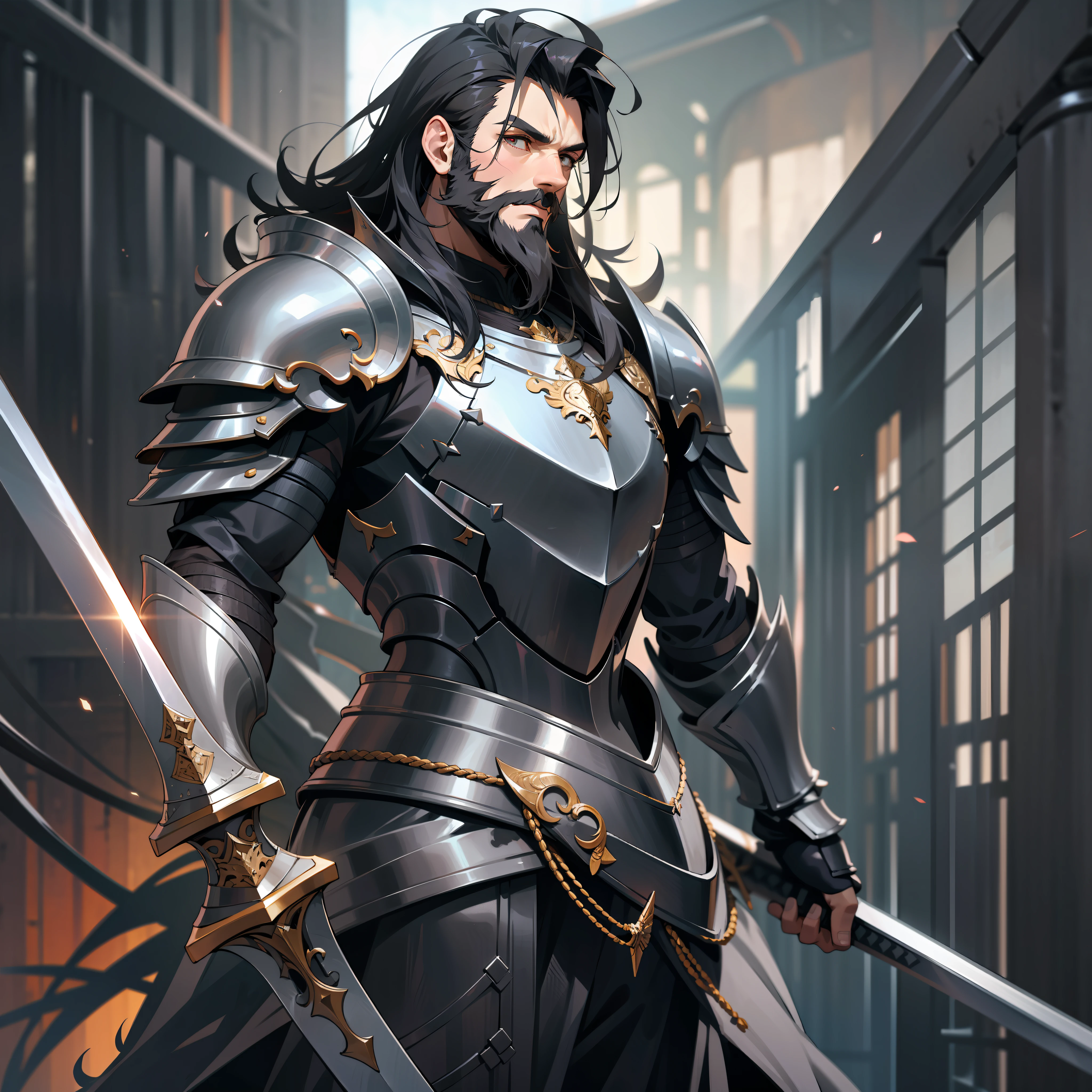 a man, warrior, dirty black hair and beard, dark fantasy, detailed black armor, large sword