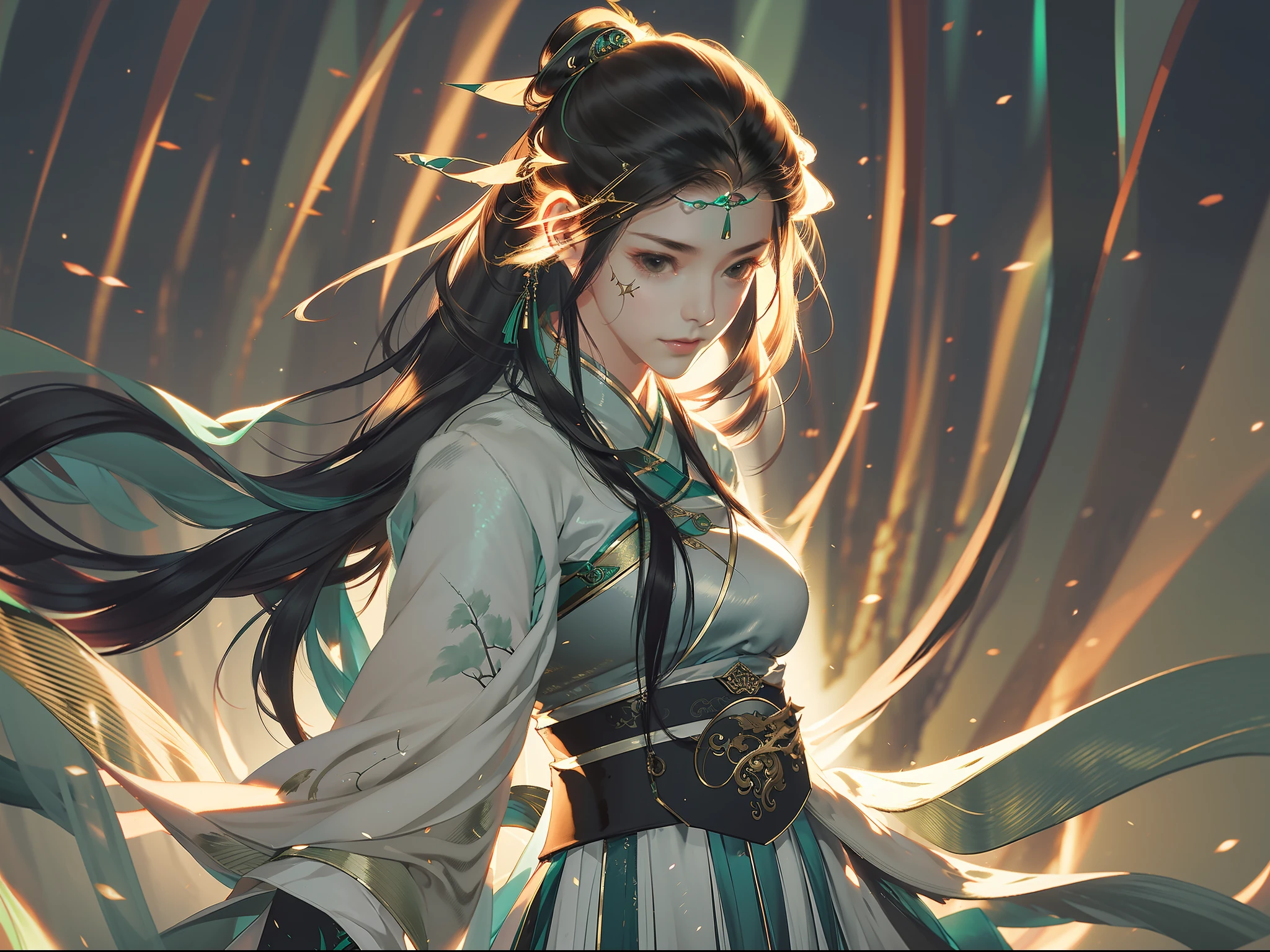 A handsome Chinese girl, half-body, combat posture, sharp eyes, clear facial features, wearing Hanfu, body surrounded by dark green mist, runes around, holographic reality, holographic halo, motion blur, game light effects, edge light, soft light, movie edge light, delicate light