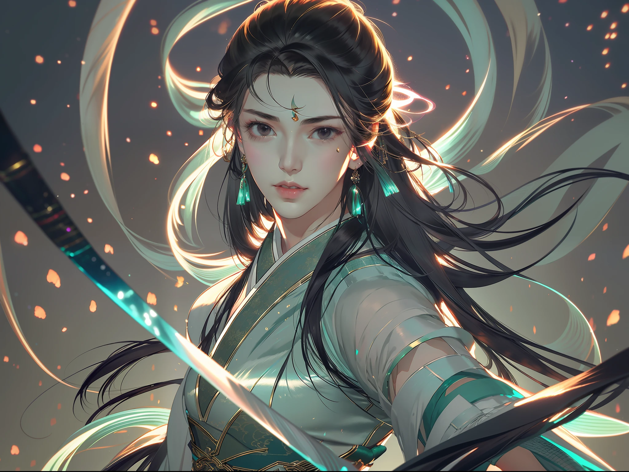 A handsome Chinese girl, half-body, combat posture, sharp eyes, clear facial features, wearing Hanfu, body surrounded by dark green mist, runes around, holographic reality, holographic halo, motion blur, game light effects, edge light, soft light, movie edge light, delicate light
