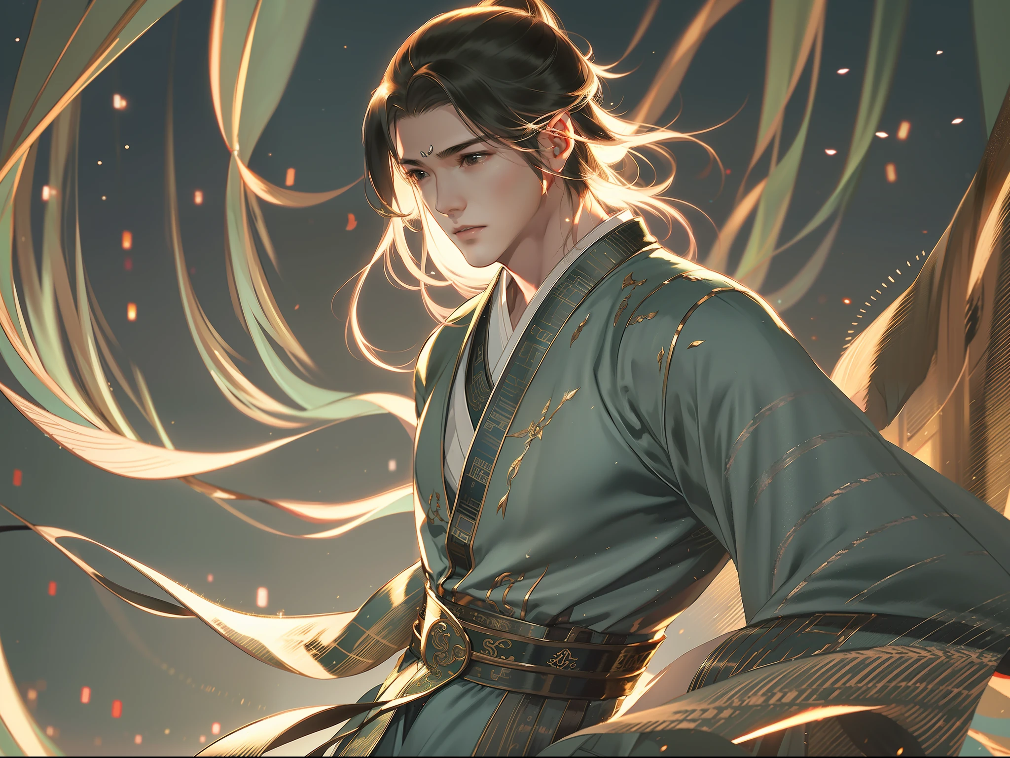 A handsome Chinese boy, half-body, fighting posture, sharp eyes, clear facial features, wearing Hanfu, body surrounded by dark green mist, runes around, holographic reality, holographic halo, motion blur, game light effects, edge light, soft light, movie edge light, delicate light