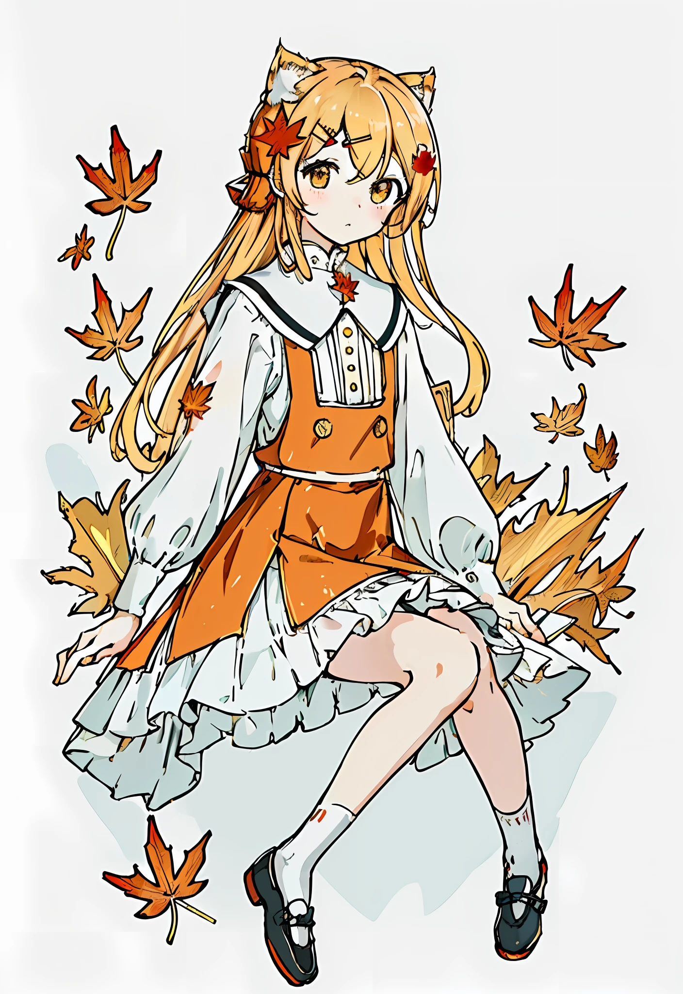 Masterpiece, best quality, amazing, complex and refined details, very detailed cute illustrations, very detailed cute wallpapers, high resolution illustrations, white background, full body, monochorme,
Solo, (children: 1.3), (cute: 1.0), beautiful cute eyes, extremely cute face, long blonde hair, yellow eyes, (beautiful details eyes: 1.2), flat chest, (aki_shizuha: 1.3), sitting, white_frilled_blouse, upper_body, cat ears, (wet clothes: 1.3),
(cute red dress: 1.4), blonde hair, maple_leaves, socks, shoes, cute movements, cute expressions, (arms behind back: 1.1), (maple_ leaf_hairpin:1.4),