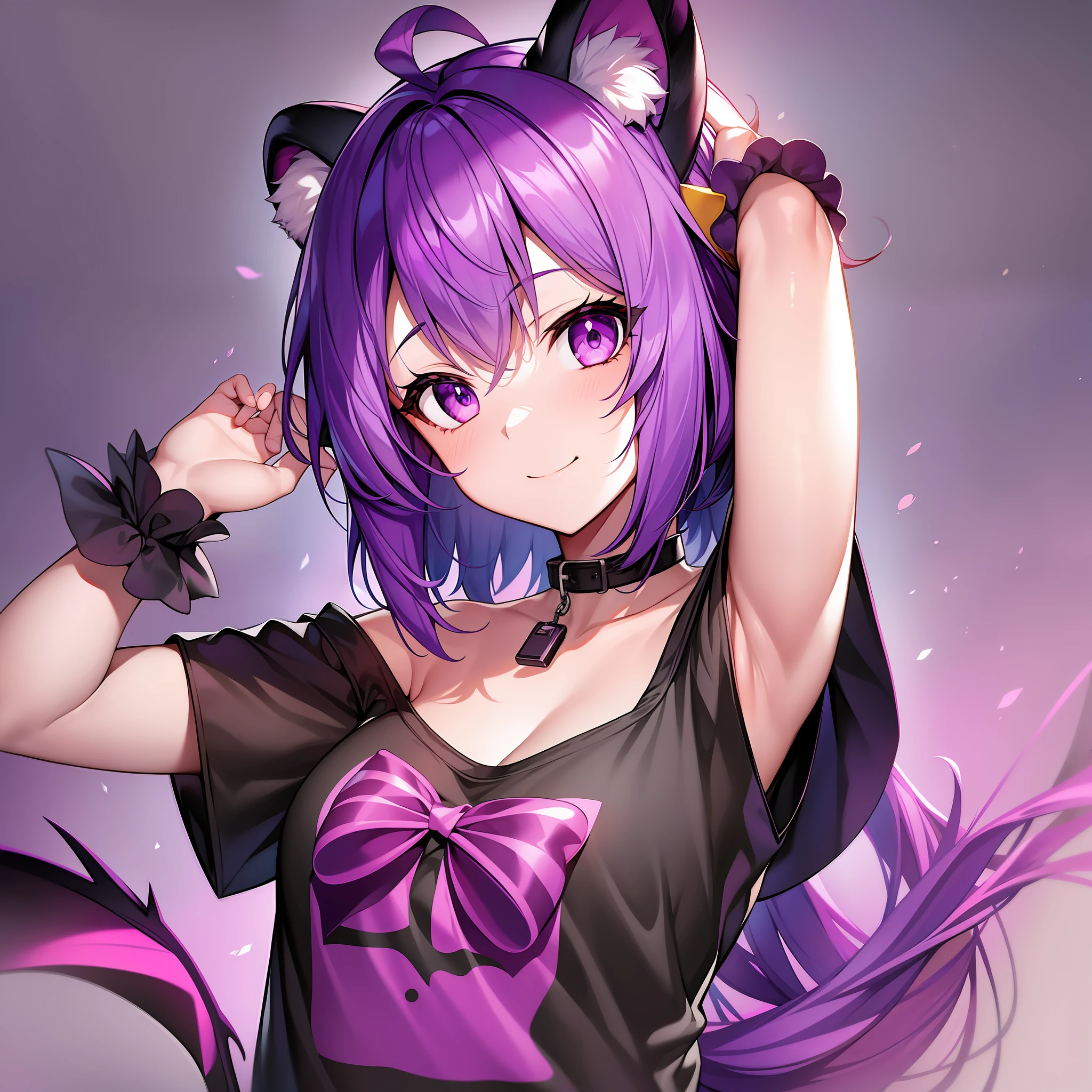 1girl, solo, animal ears, shirt, purple hair, black shirt, smile, upper body, looking at viewer, short sleeves, purple eyes, ahoge, arms up, t-shirt, animal ear fluff, collarbone, closed mouth, purple background, bangs, short hair, virtual youtuber, pink eyes, medium hair, bear ears, kemonomimi, demon horns, demon wings, armpits