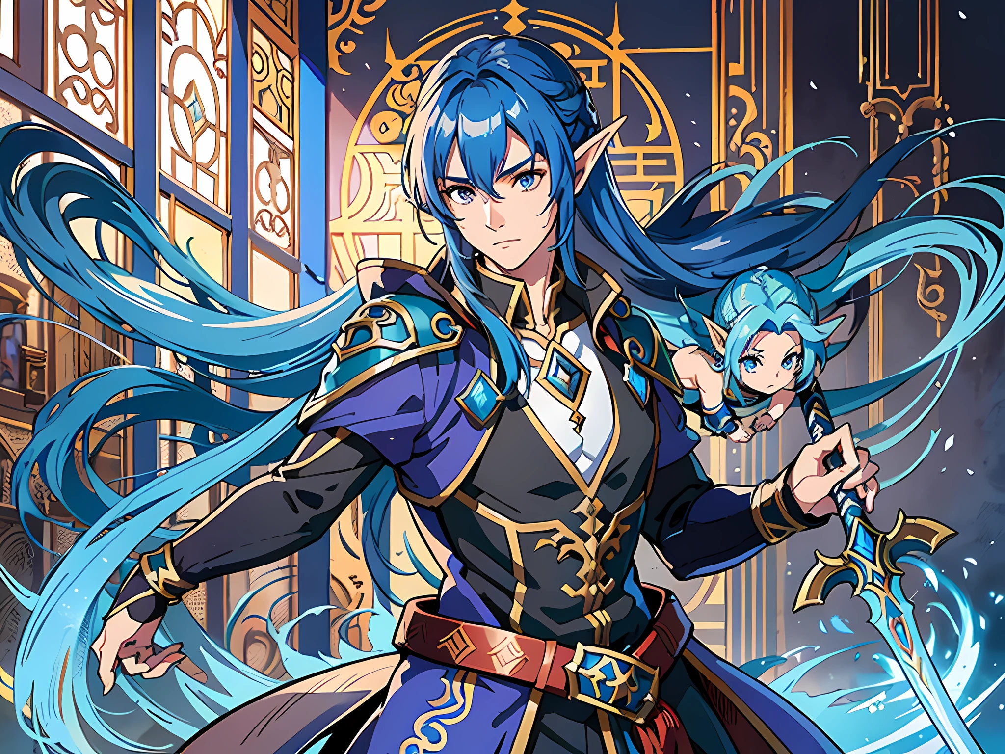 There is a blue-haired man holding a sword and sword, from Bloodline 2, Aion Aion, The Smurfs, Zhao Yun, from Warcraft, Fairy Heroes, Alsen Lupin as Paladin, Fairy Fantasy, Hirase Jinyao, MMORPG Fantasy, from World of Warcraft, beautiful male elves, Warcraft characters, fantasy warriors