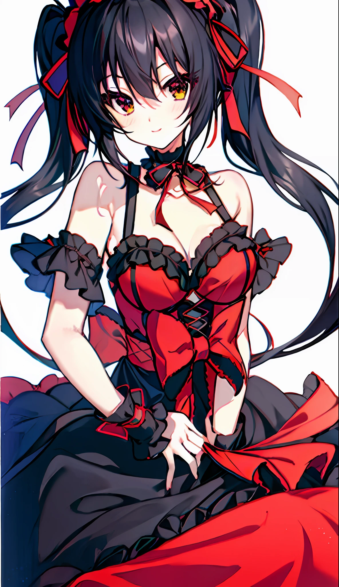 18 year old beautiful girl, masterpiece, top quality, 8K anime, 1 girl, solo, detailed fingers, precise fingers, not unnatural hands, odd eye, black hair twin tails, kurumi tokizaki, cleavage,