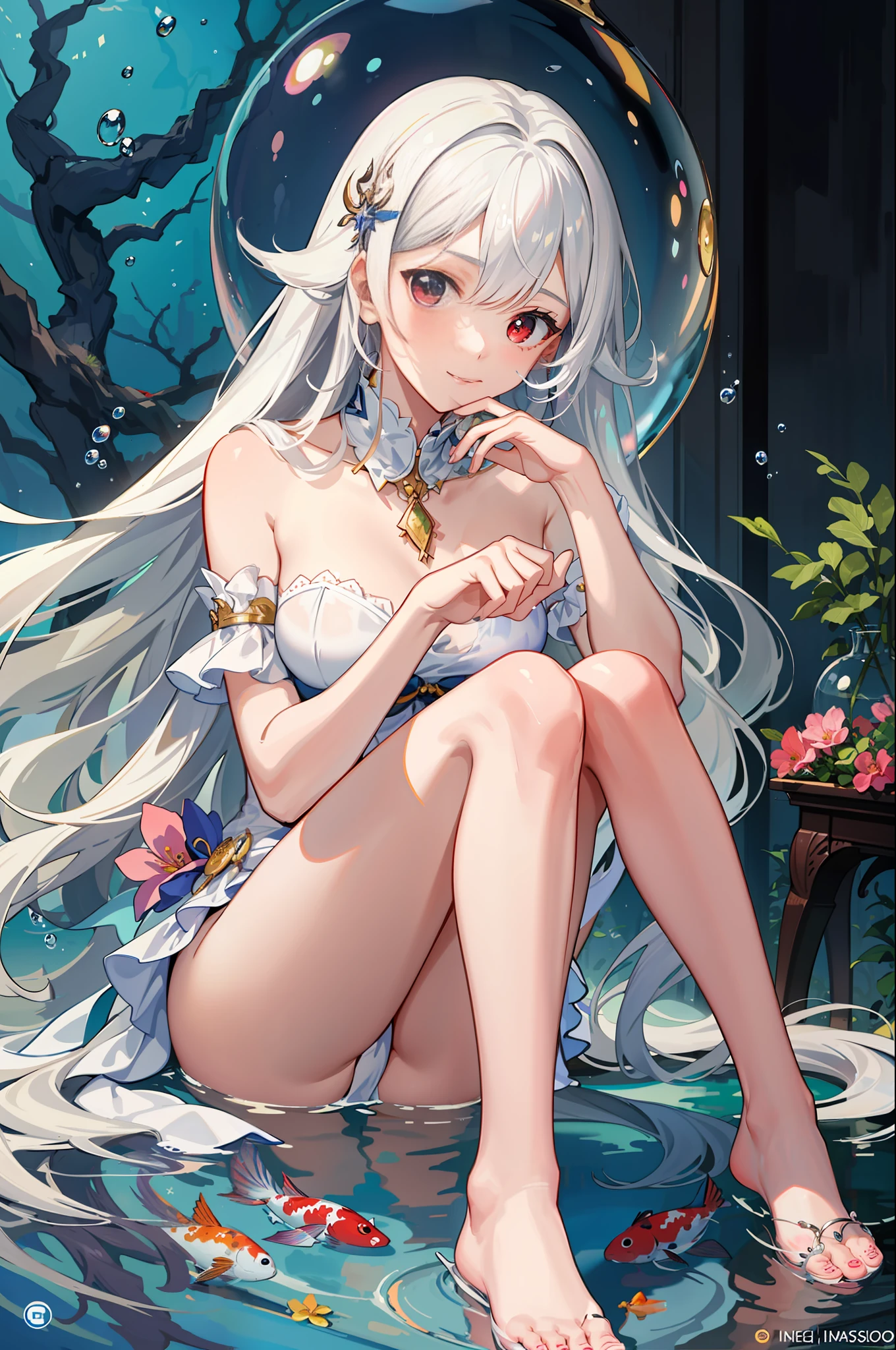 [(Transparent background:1.5)::5],(((masterpiece))),(((best quality))),(((extremely detailed))),illustration, 1girl,solo,mysterious,vivid color,shiny, underwater transparent sealed hemispherical glass dome, white hair,red eyes, full body,barefoot,long hair tranquil nature, koi,Underwater, Dome,close up,Dynamic actions,Lens perspective,(((Box composition))),sit cross-legged and lean against the bookshel,