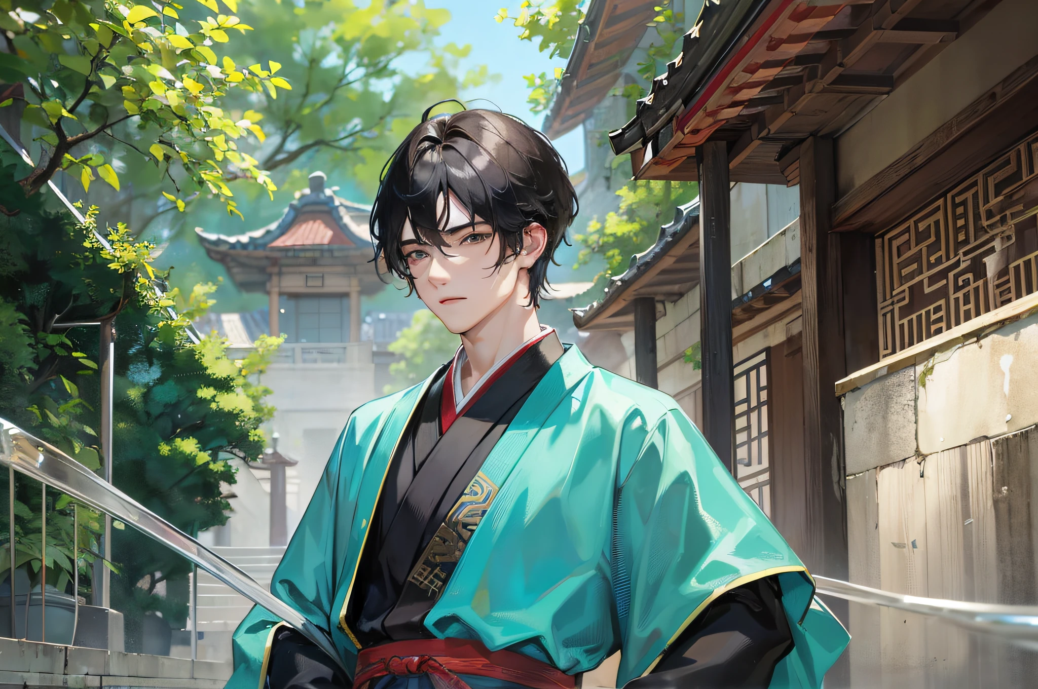 Masterpiece, superlative, 18-year-old boy, small courtyard, standing in the middle of the yard, touched, black hair, short hair, cyan practice robe. Chinese ancient style, Chinese martial arts. Clear facial features, ultra-high resolution.