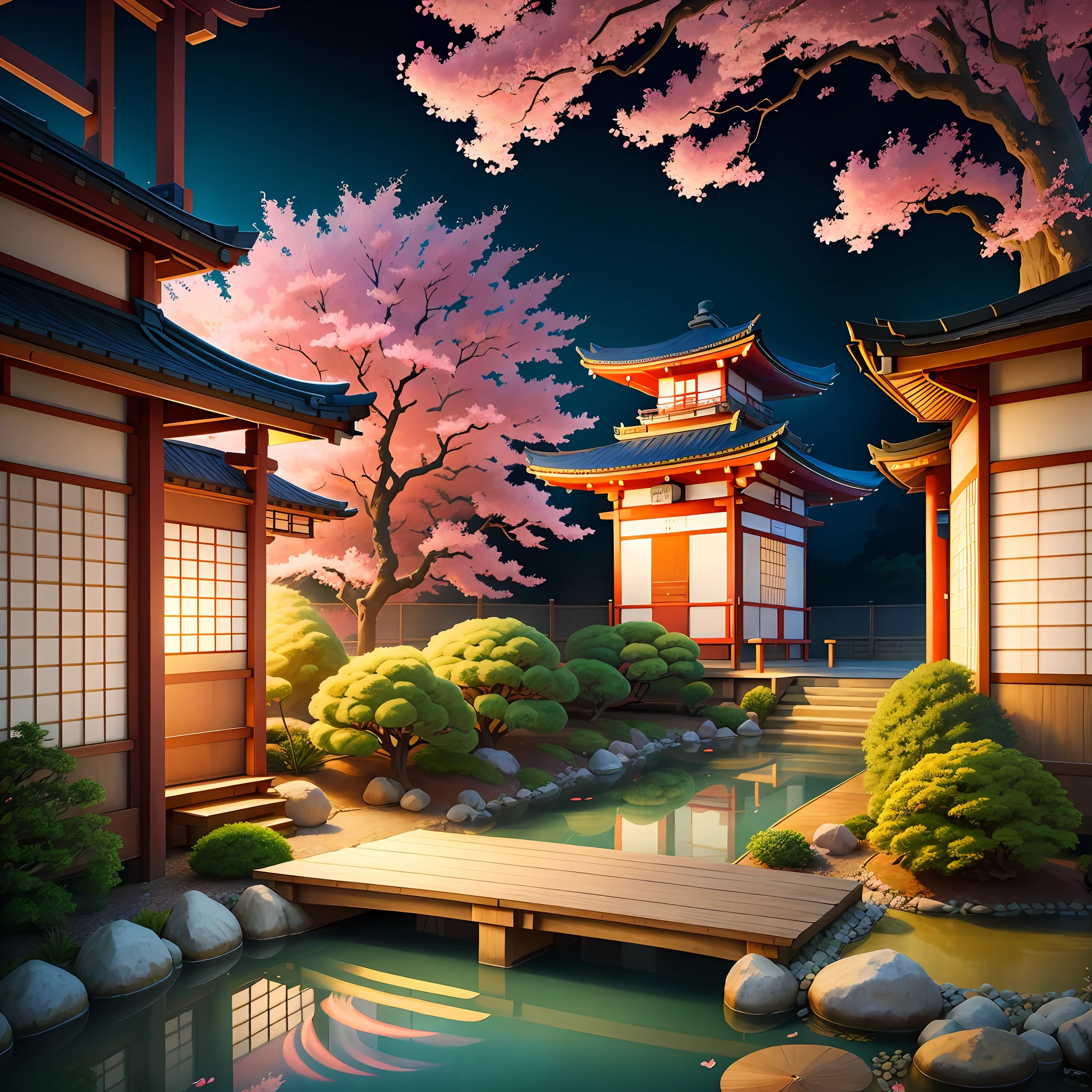(digital painting),(best quality), serene Japanese garden, cherry blossoms in full bloom, koi pond, footbridge, pagoda, Ukiyo-e art style, Hokusai inspiration, Deviant Art popular, 8k ultra-realistic, pastel color scheme, soft lighting, golden hour, tranquil atmosphere, landscape orientation