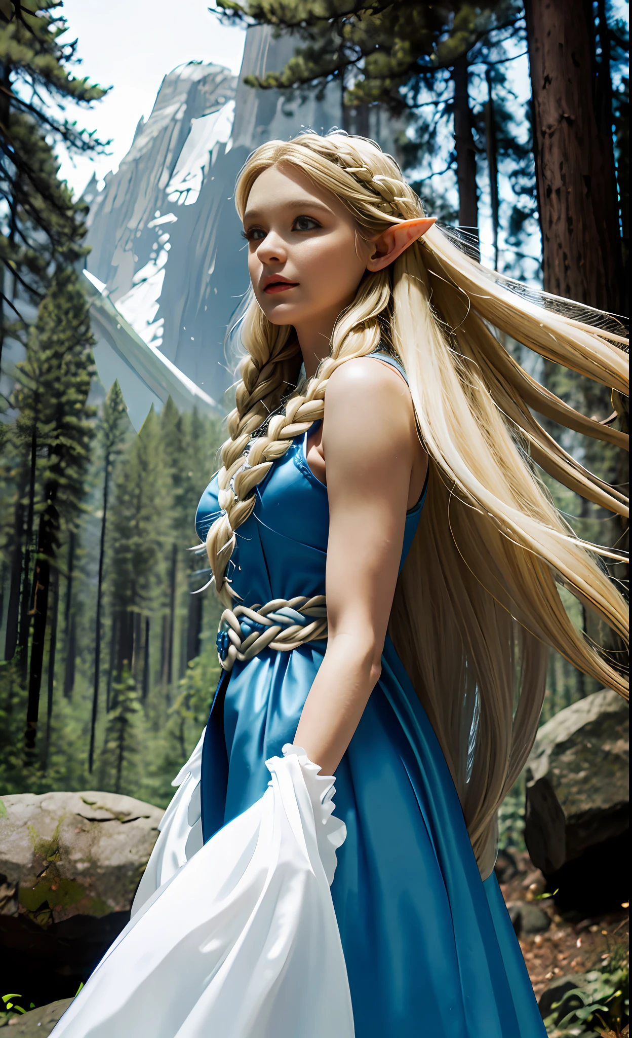 Blonde, elf, blue dress, white skirt, European and American, forest, Disney, white long dress, blonde decoration, girl, princess, legend of zelda, rock, eyes, flowing hair, delicate hair, Nordic style, windblown hair, coiled hair, small braids