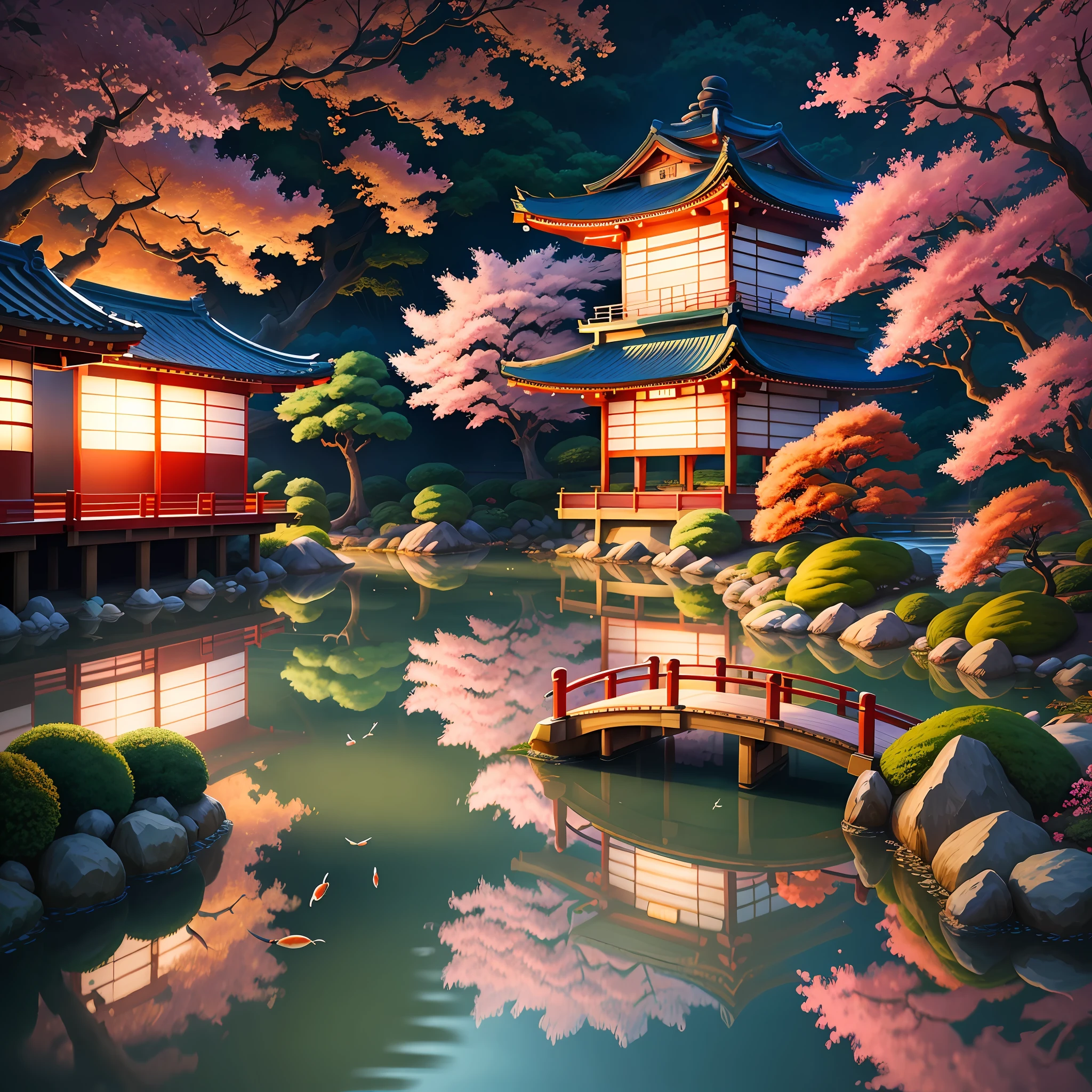 (digital painting),(best quality), serene Japanese garden, cherry blossoms in full bloom, koi pond, footbridge, pagoda, Ukiyo-e art style, Hokusai inspiration, Deviant Art popular, 8k ultra-realistic, pastel color scheme, soft lighting, golden hour, tranquil atmosphere, landscape orientation