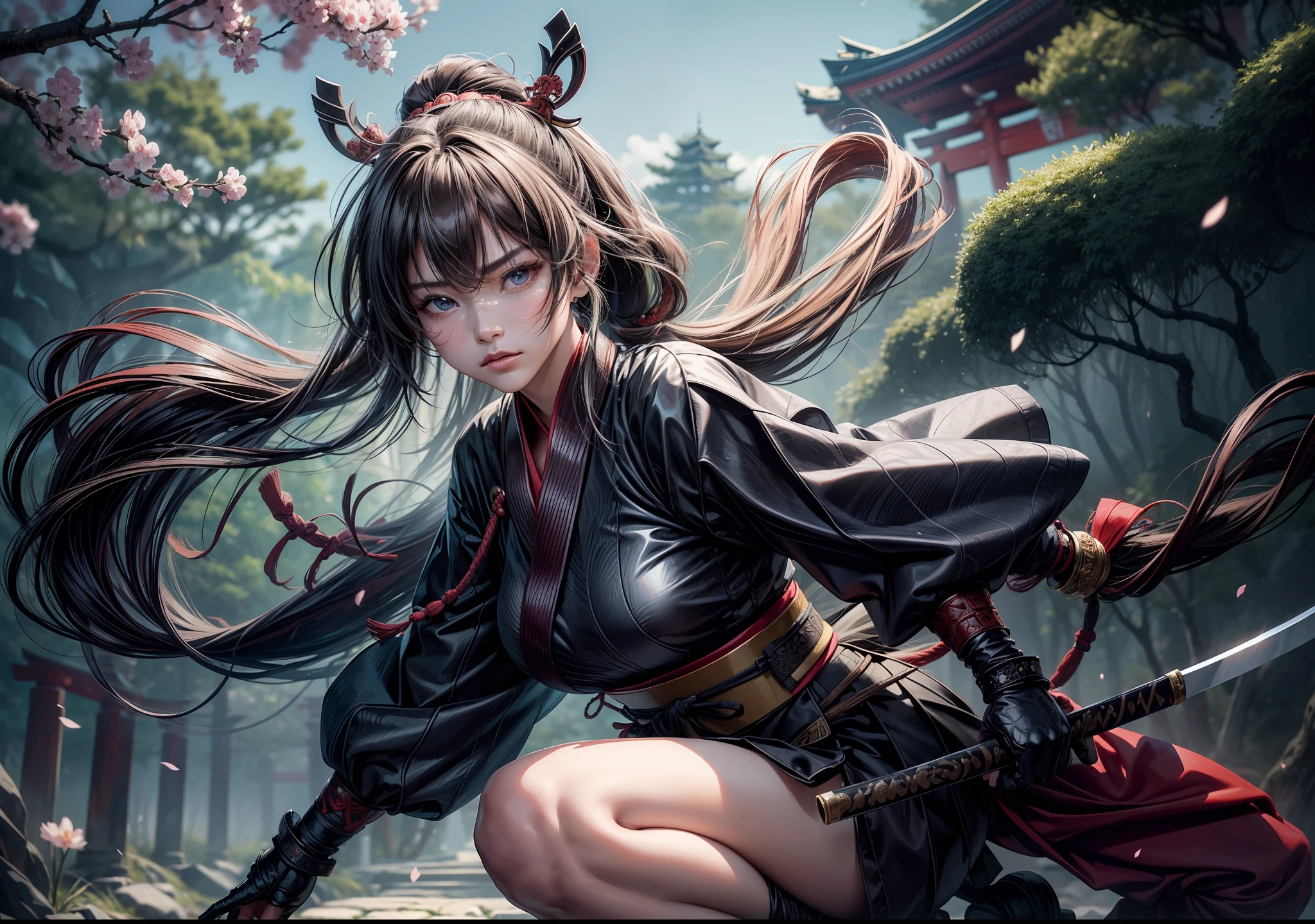 ((Best quality)), ((masterpiece)), ((highly intricate details)),beautiful, high quality, highres, absurdres, light difussion, intricate details, complex details, ((anime)), (anime:1.2) , (perfect face:1.3), extreme detailed eyes, colorful, highest detailed, vibrant colors, high contrast, (8K UHD:1.2), (photorealistic:1.2),(masterpiece:1.4), (best quality:1.4),Immerse yourself in the rich tapestry of ancient Japan, where honor, discipline, and the way of the warrior reign supreme. In this captivating scene, a formidable samurai girl takes center stage—a paragon of strength, adorned with a muscular physique and bearing the marks of her devotion through intricate tattoos. With her katana held at her side, the samurai girl exudes a quiet intensity and unwavering resolve. The gleaming blade, honed to perfection, reflects the world around her and the path she has chosen. Her muscular body showcases the physical strength and agility that are the hallmarks of a true warrior. The backdrop transports you to the heart of a traditional Japanese environment—a tranquil bamboo forest or a serene cherry blossom grove. The natural elements harmonize with man-made structures, such as a torii gate or a traditional Japanese temple, serving as a testament to the deep connection between nature, spirituality, and the way of the samurai, japanese samurai hat, wearing cloak, wearing mask.