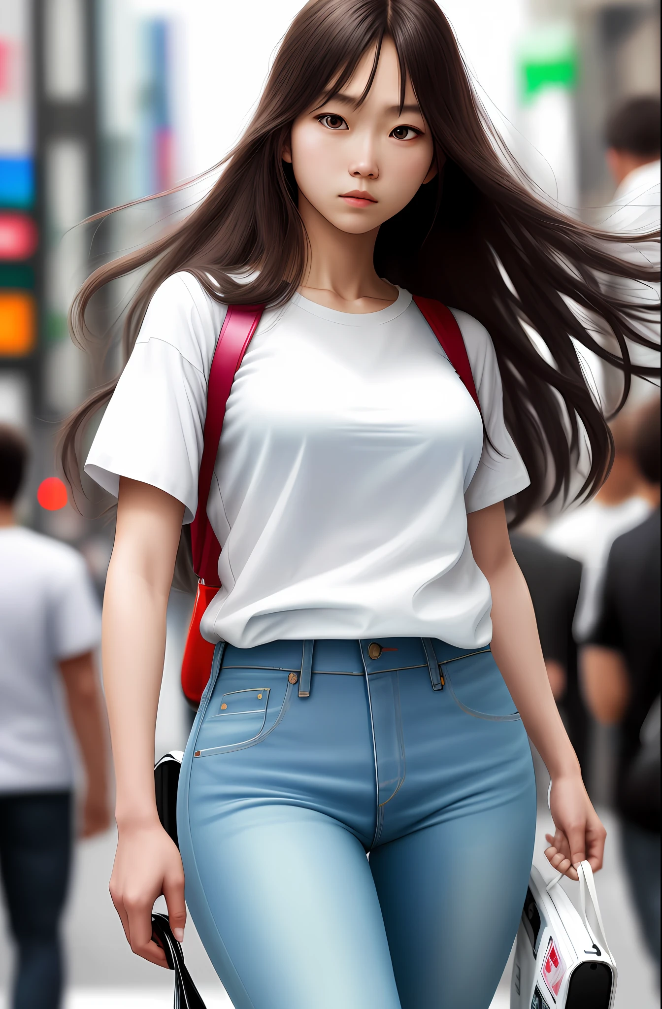 Ultra high image quality, clear focus, background blur, urban, Shibuya, neat, white shirt, jeans, long hair, hyper realistic,