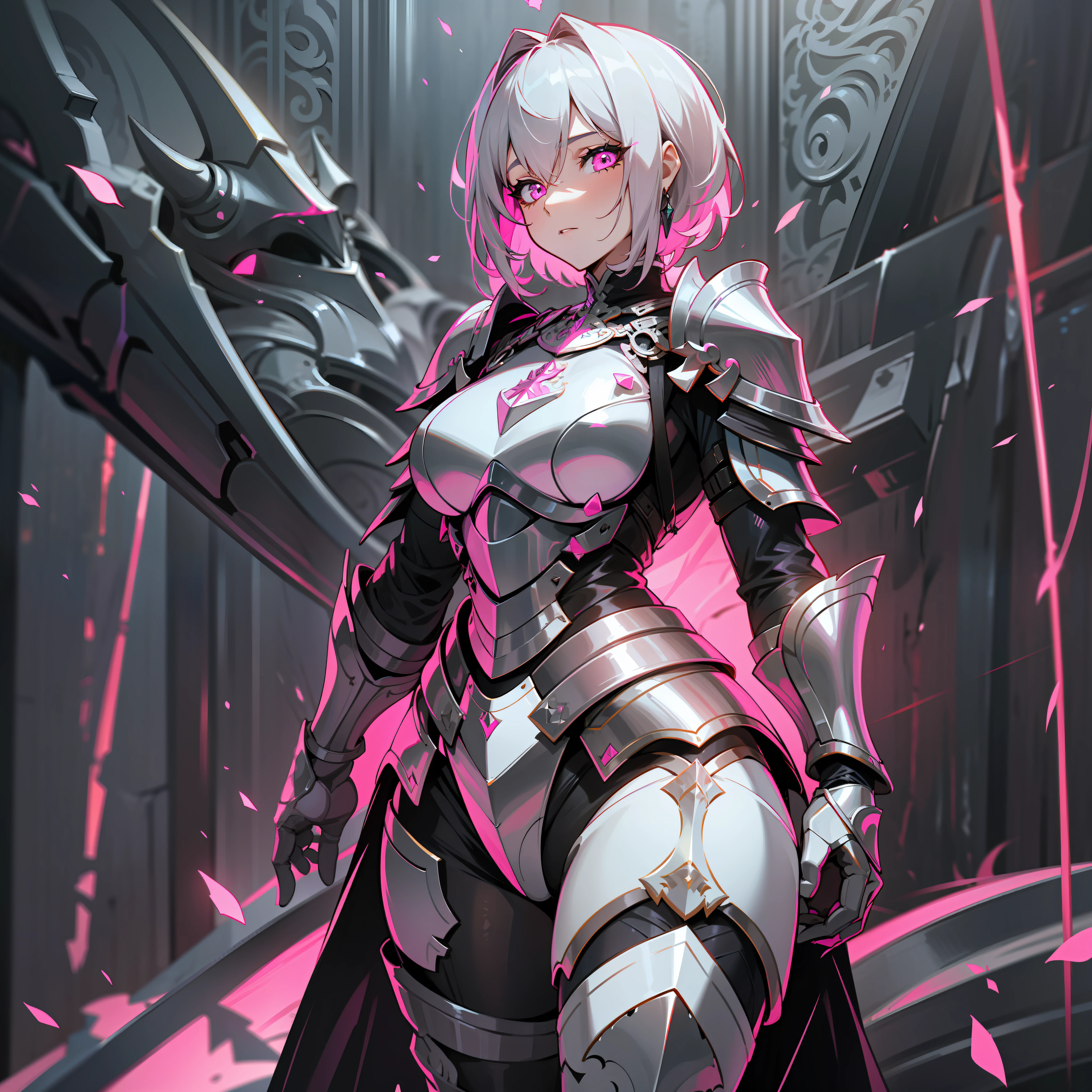 a woman, paladin, wildly black short hair, dark fantasy, detailed black and pink armor, detailed pink and black shield, large sword