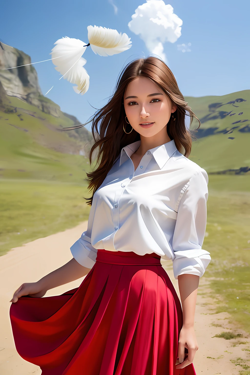 a young beautiful model, 1girl, standing, outdoor, sunny, windy, epic waterfall, highly detailed symmetrical eyes, laughing face, busty, slender, simple earing, (tight shirt), (wind blowing up skirt:1.5),, upskirt, (rim lighting), RAW photo, best quality, high resolution, masterpiece, (photorealistic:1.3), professional photography, sharp focus, HDR, 8K resolution, intricate detail, sophisticated detail, depth of field, (nsfw), blurred background, facing front, cowboy shot view, (extremely detailed CG unity 8k wallpaper)