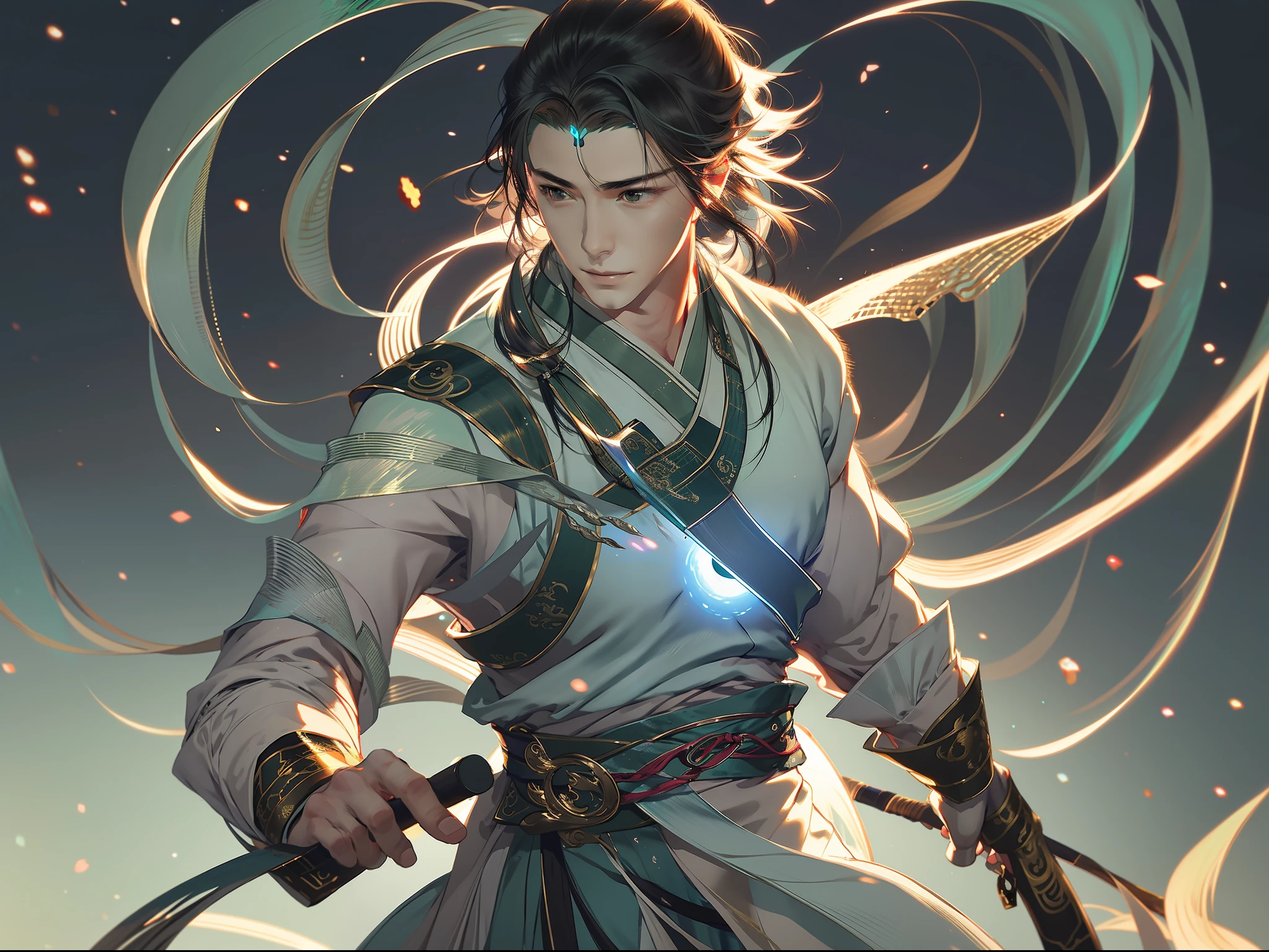 A handsome Chinese boy, half-body, fighting posture, sharp eyes, clear facial features, wearing Hanfu, body surrounded by dark green mist, runes around, holographic reality, holographic halo, motion blur, game light effects, edge light, soft light, movie edge light, delicate light