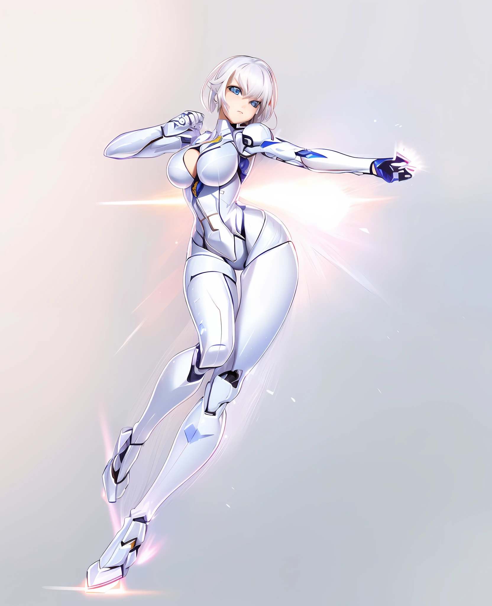 a drawing of a woman in a white suit is flying, perfect anime cyborg woman, varia suit, biomechanical oppai, ferra white mecha, gynoid cyborg body, glossy white armor, anime cyborg, gynoid body, fighting game character, official character art, streamlined white armor, cyborg - girl with silver hair