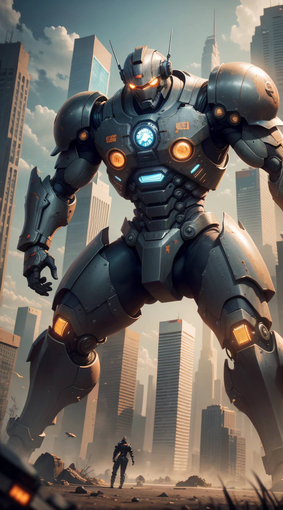 Robert, Dark style, Giant Metal Robot (non-human), Metal rust, cyberpunk, The background is an abandoned city, Technical symmetry, fully body, Dynamic pose, Movie, best qua4lity, Dynamic perspective, dynamic angle, golden ratio, Wide-angle photography, Wide field of view, Deep depth of field, zoom out, City Samurai 3D, jiezuo, High Detailed, best qua4lity, highresolution, film grain, raised fist, UHD, Anatomically correct, high quality, award winning