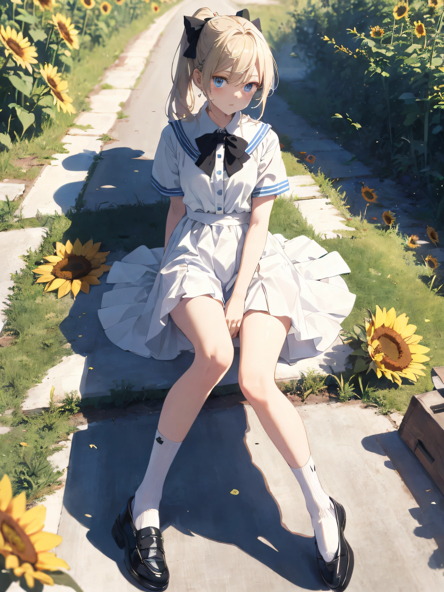 (8K, highest quality, absurd resolution, masterpiece, perfect picture quality), (expression tsundere: 1.2, double ponytail: 2, light blonde hair, delicate facial features: 1.5, blue eyes,) wearing (solo: 1.5, white sailor suit with black bow tie: 2, short top, black shoes: 1.2, socks), long legs: 1.2, exposed ankle: 1.2, (medium full body, facing camera: 1.1, white clothes and black dress), standing (outdoor medieval streets, weeds, brick roads). Bright white background, (city afternoon, sun shining, roadside sunflowers, small white flowers, weeds).