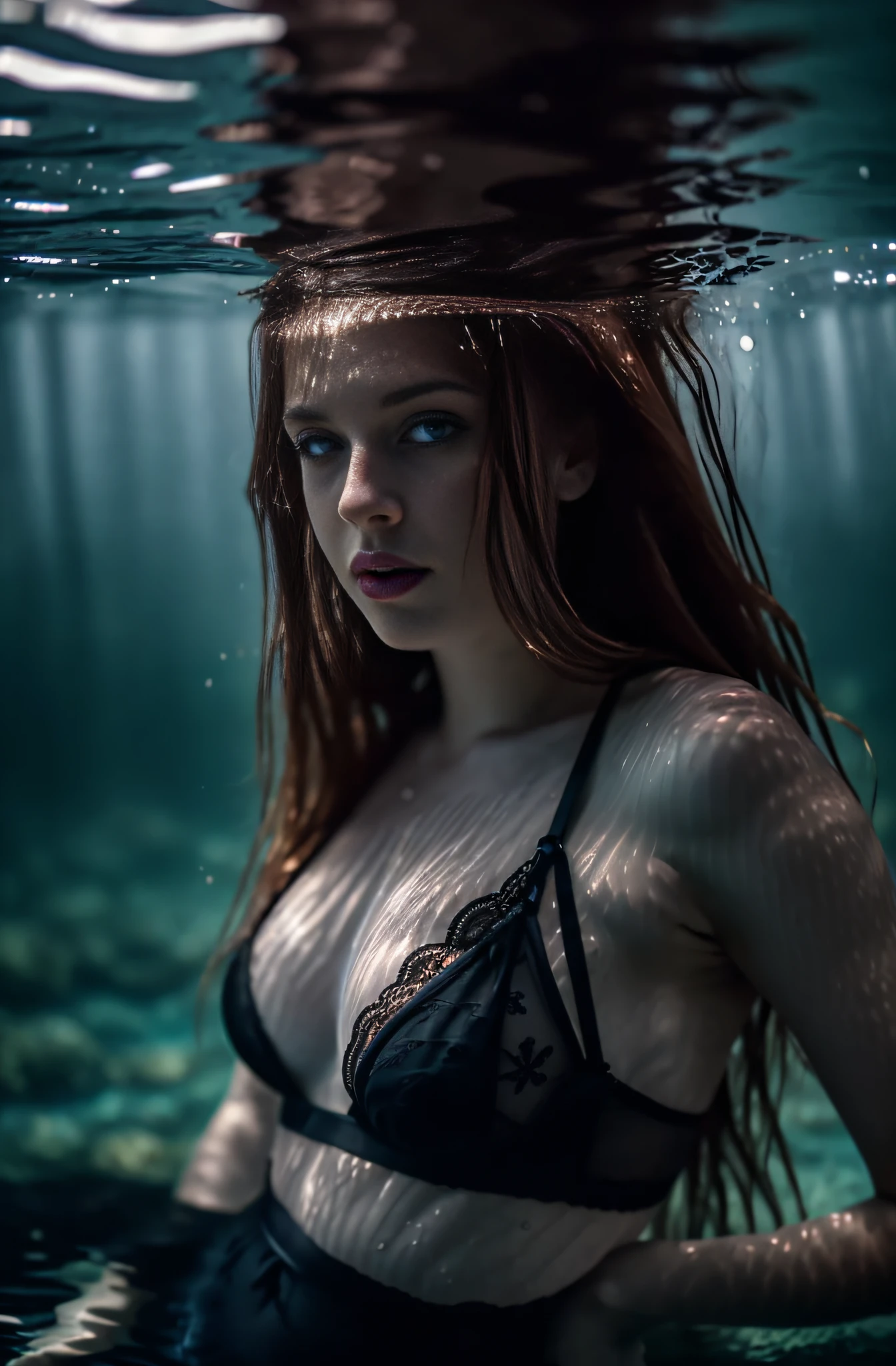sexy twentytwo year old ginger woman in lace lingerie, messy hair, beautiful erotic woman, candid photograph, (dramatically lit underwater lake:1.3), (dark shot:1.7), photo-realistic, (film grain:1.4), (masterpiece:1.2), sharp image, analog style, award winning photo, best quality,(shot with kodak 400:1.3), sharp,skin pores, (sunkissed freckles on face:0.6), (shot on Fujifilm X-T4:1.2), angular jawline, high cheekbones, large soulful eyes, ( film imperfections:1.2)