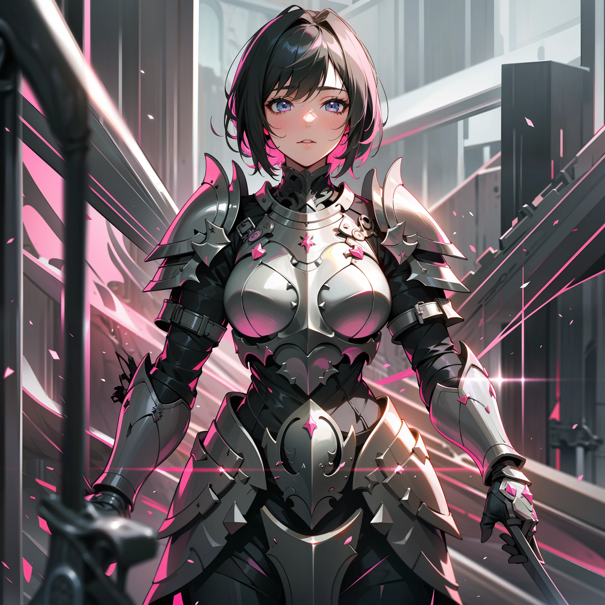 a woman, paladin, wildly black short hair, dark fantasy, detailed black and pink armor, detailed pink and black shield, large sword